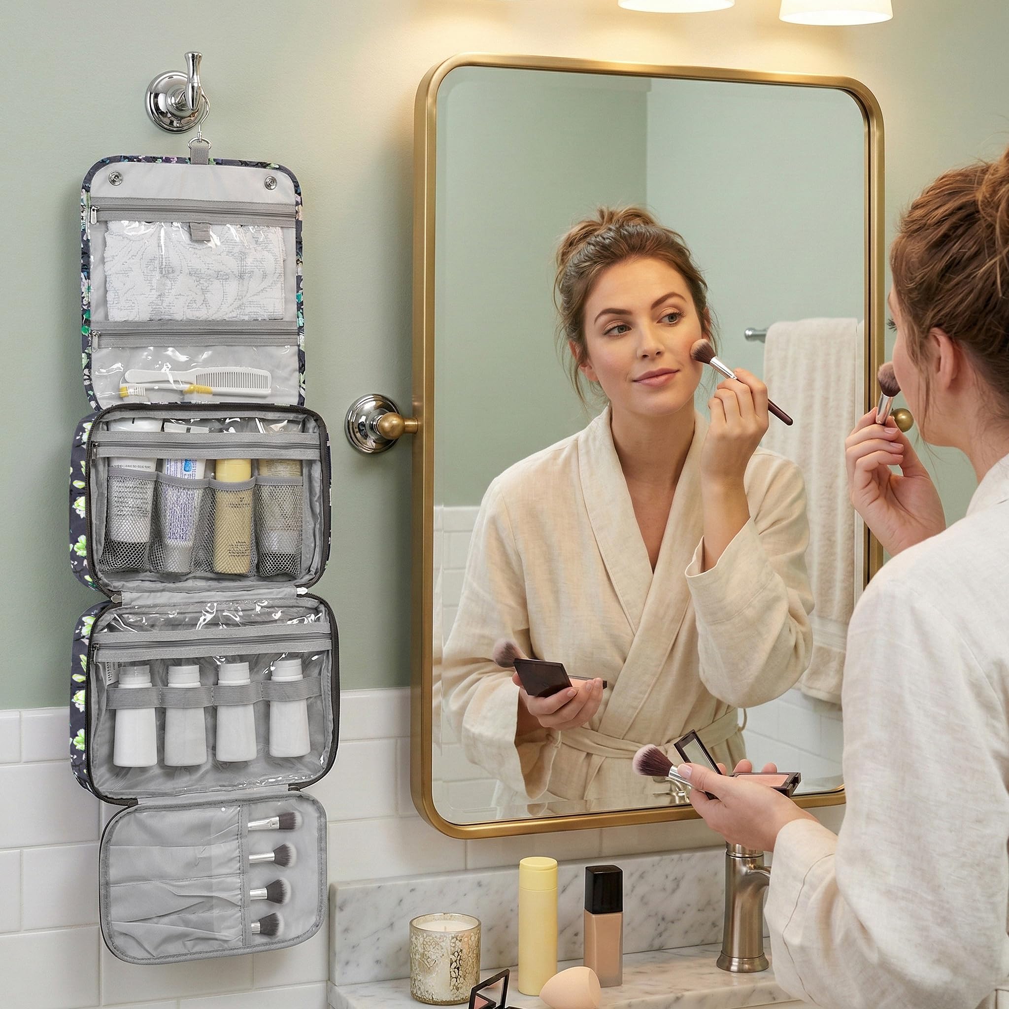 PAVILIA Neceser colgante para mujeres y hombres, organizador de cosméticos plegable, bolsa de viaje, bolsa de maquillaje resistente al agua, artículos de tocador, kit de artículos esenciales de viaje