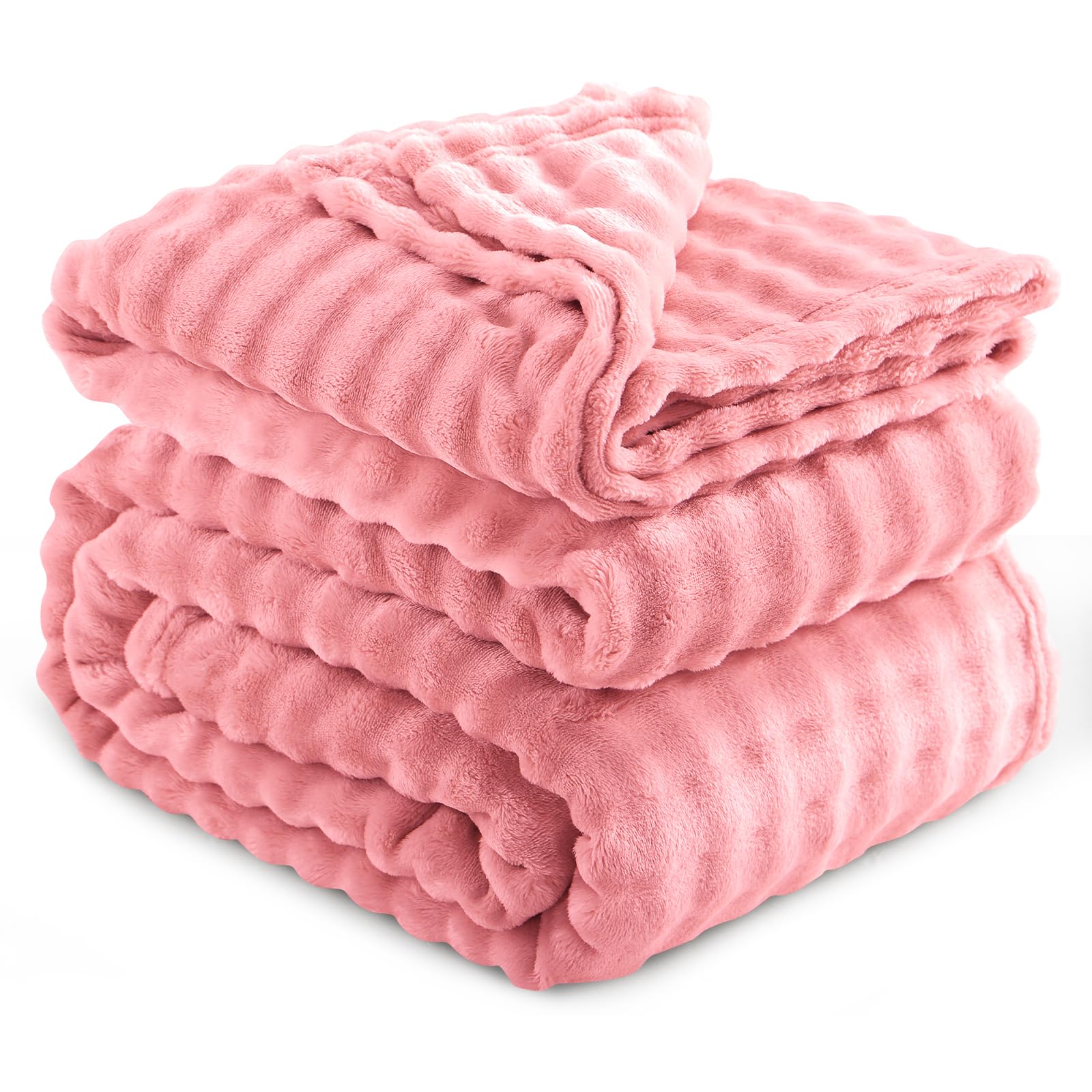 RUIKASI Fleece Throw Blanket for Bed - Pink Fluffy Bubble Throws King Size Cozy Blanket with Reversible Design, 200x240 cm
