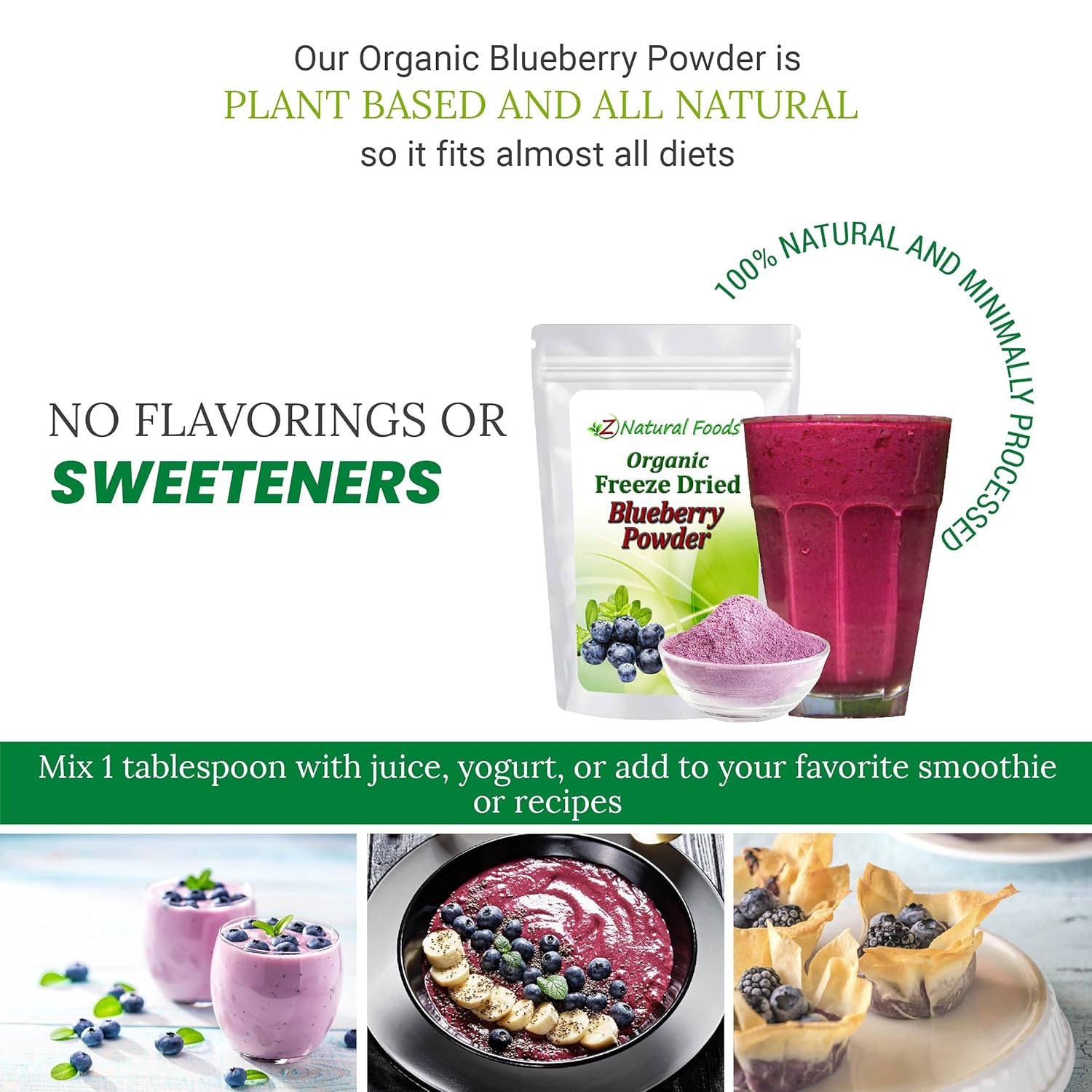 Organic Blueberry Powder - Freeze Dried Fruit Powder For Smoothie, Drinks, Baking Recipes - Powdered Berry Superfood - Unsweetened, Raw, Non GMO, Vegan, Gluten Free - 1 lb