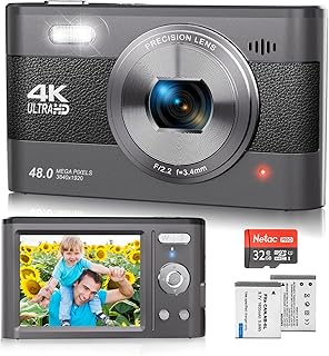 4K Digital Camera, 48MP Vlogging Camera for Photography YouTube Compact Travel Camera with Flash,18X Digital Zoom, Anti Shake 32G SD Card and 2 Batteries