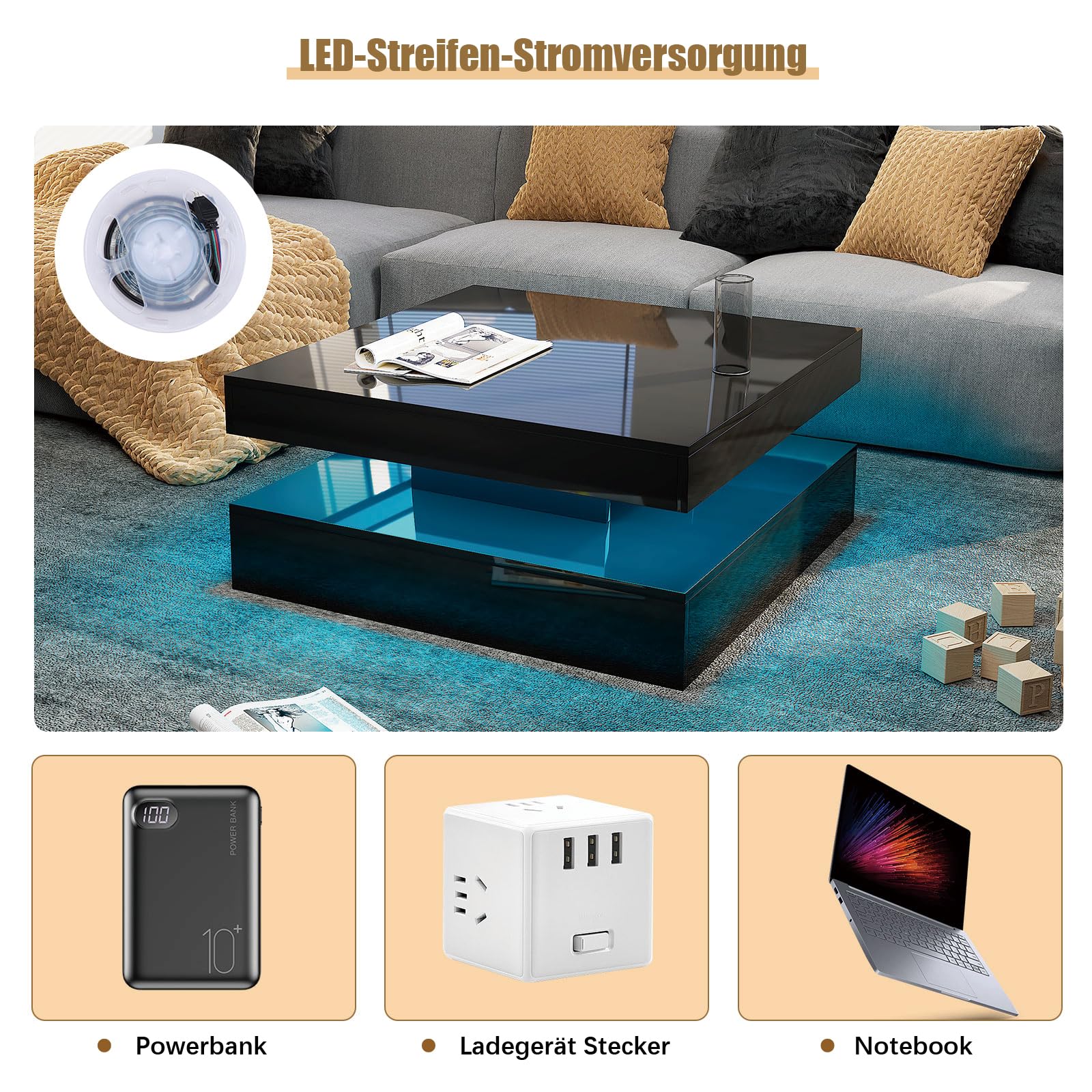 KEEPREAPER Couchtisch Wohnzimmertisch, Sofatisch mit LED Beleuchtung modern für Wohnzimmer, 78 x 78 x 40 cm (Schwarz)