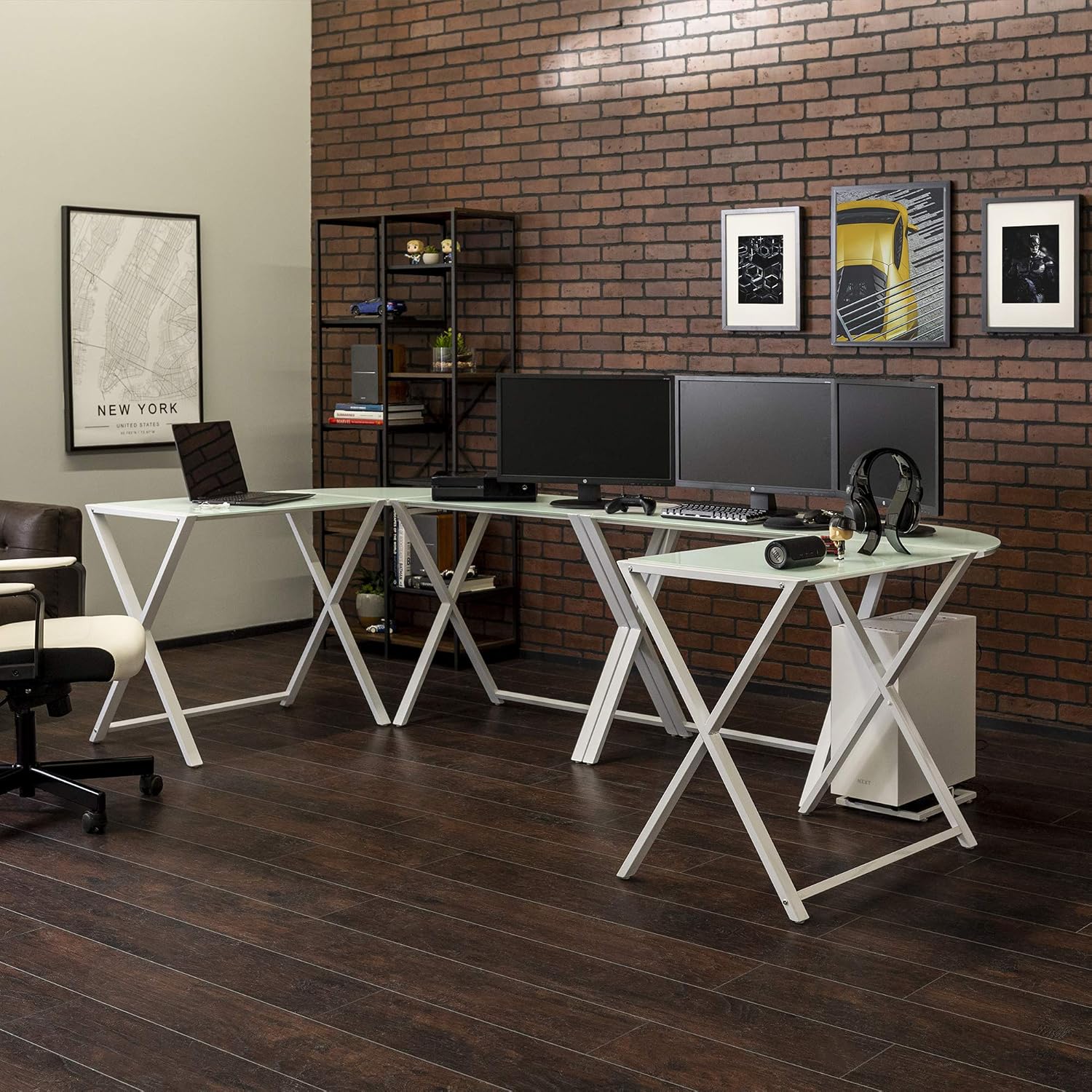 Walker Edison Wright Modern X Leg Glass Top Corner Computer Gaming L Shape Desk Home Office, 51 Inch, White
