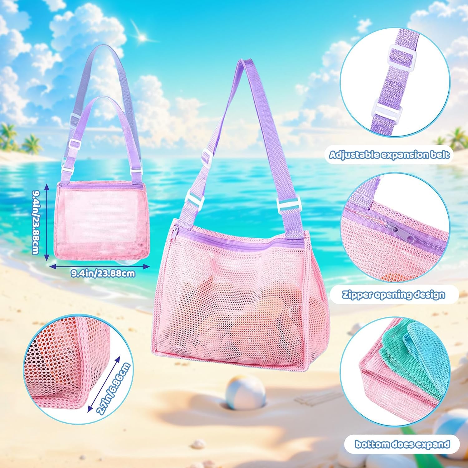 BoAn Mesh Beach Bag for Shell Collecting – Toy Bag Set, Seashell Bags Lightweight Mesh Beach Tote for Sand Toys, Essentials for Boys and Girls, Travel Swim Pool Toy Storage