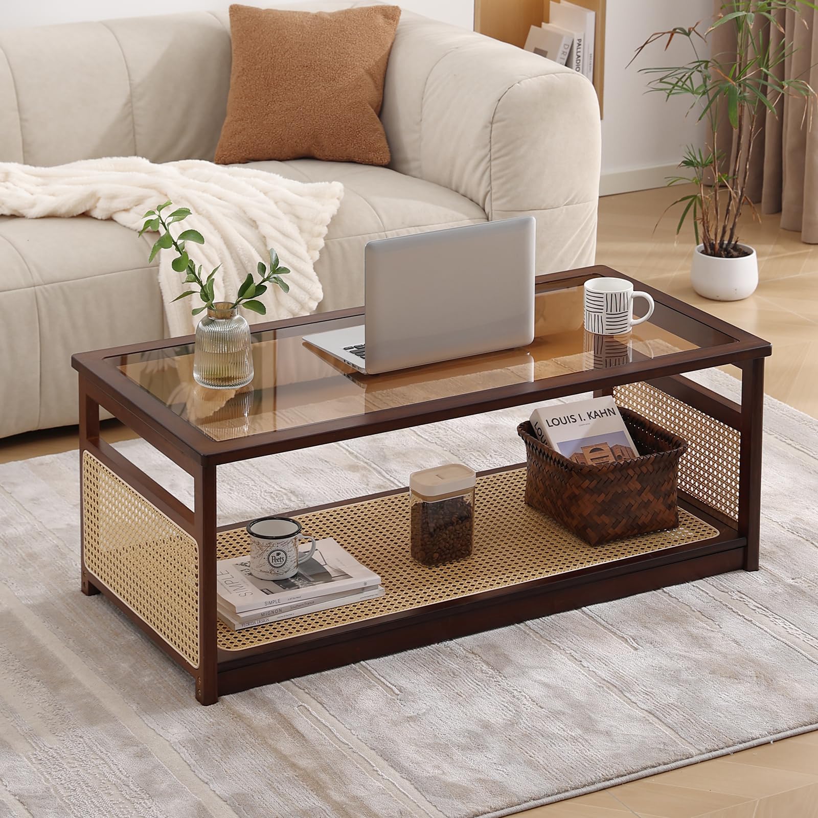 Mesas de centro de ratán para sala de estar, moderna mesa de centro de 2 niveles, mesa de centro rectangular de mediados de siglo con estante de almacenamiento y parte superior de vidrio, mesa 7