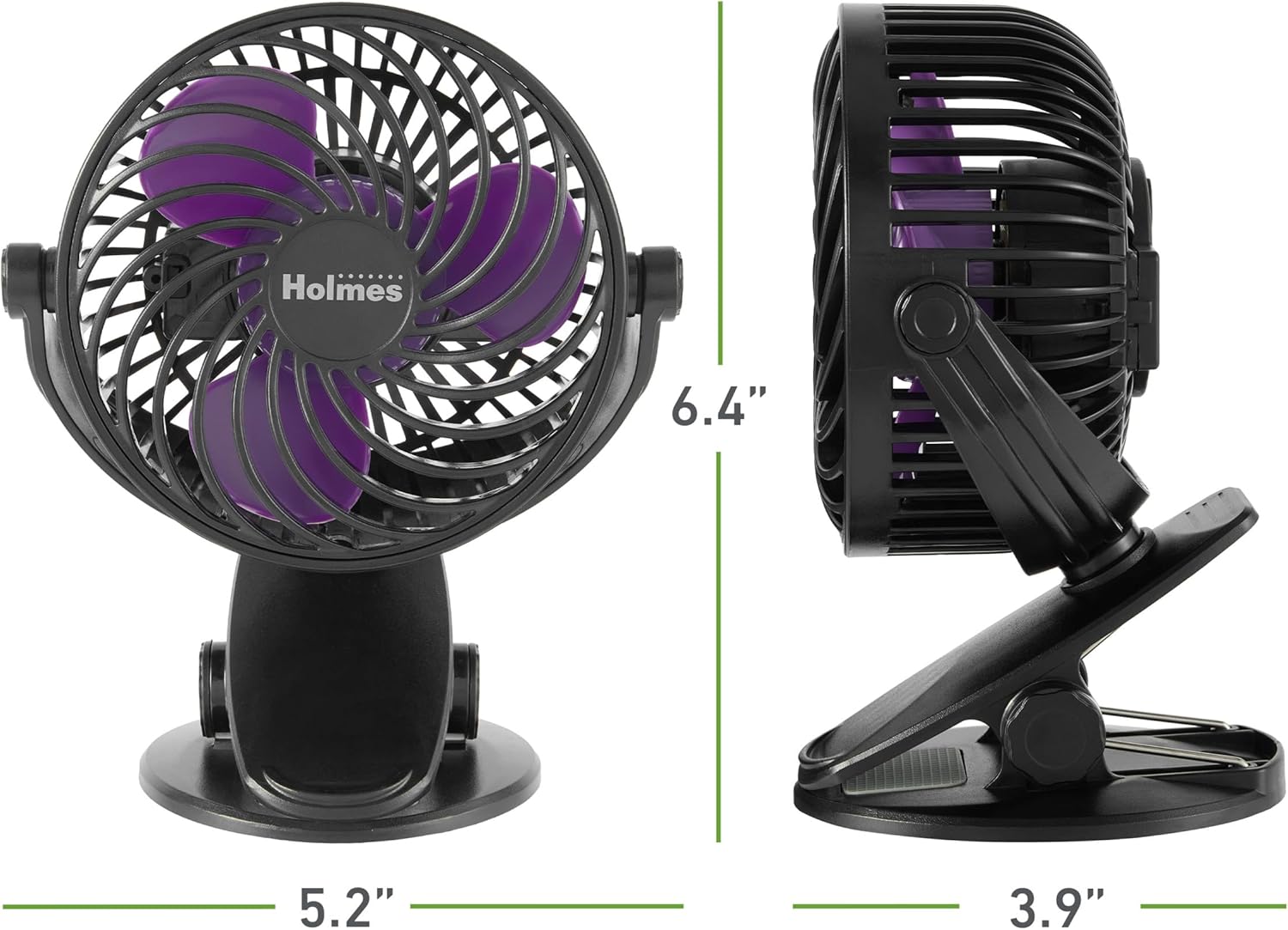 Diagram showing the dimensions of the Holmes 4-inch On-The-Go Personal Fan with Clip: 5.2 inches wide, 3.9 inches deep, and 6.4 inches high.