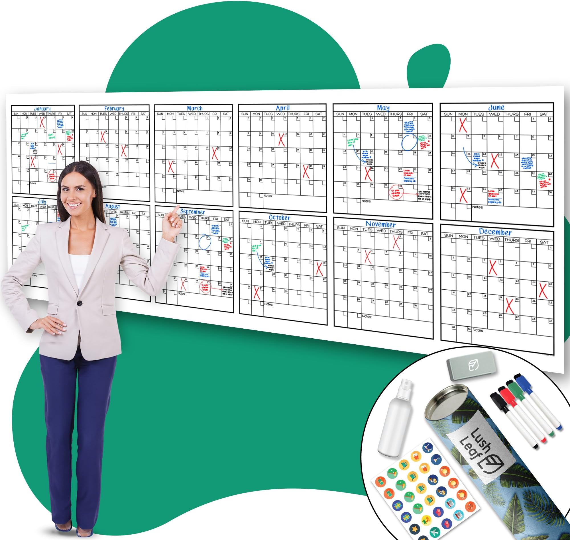 Lushleaf DesignsLarge Dry Erase Wall Calendar - 36" x 96" - Undated Blank 2020 Reusable Yearly Calendar - Giant Whiteboard Year Poster - Laminated Office Jumbo 12 Month Calendar