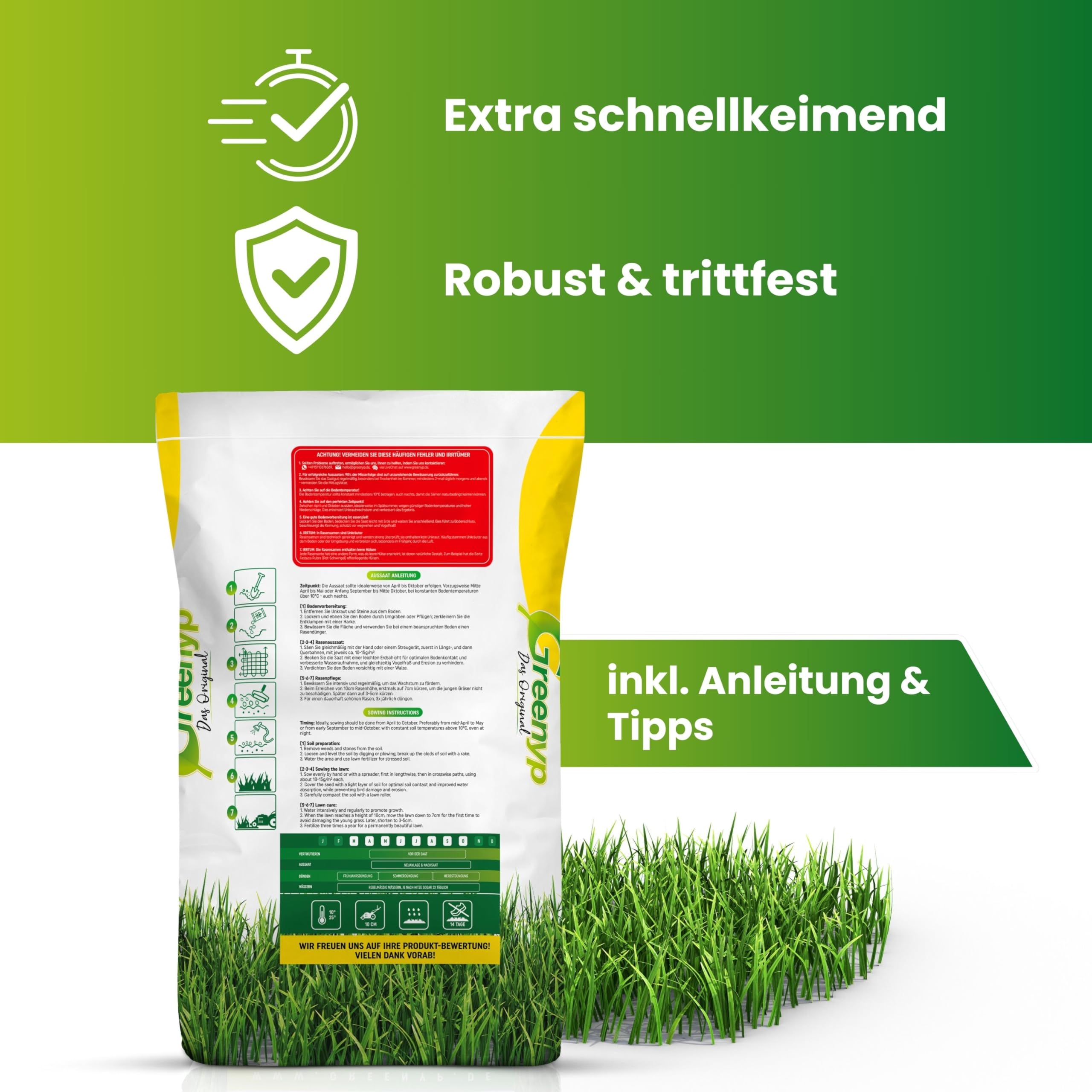 5kg Rasensamen Berliner Tiergarten I Rasensamen schnellkeimend für 200m² I robuster Universalrasen Zierrasen Rasen Nachsaat I Greenyp Grassamen Rasensaat Gras - ideal als Neu- und Nachsaat.