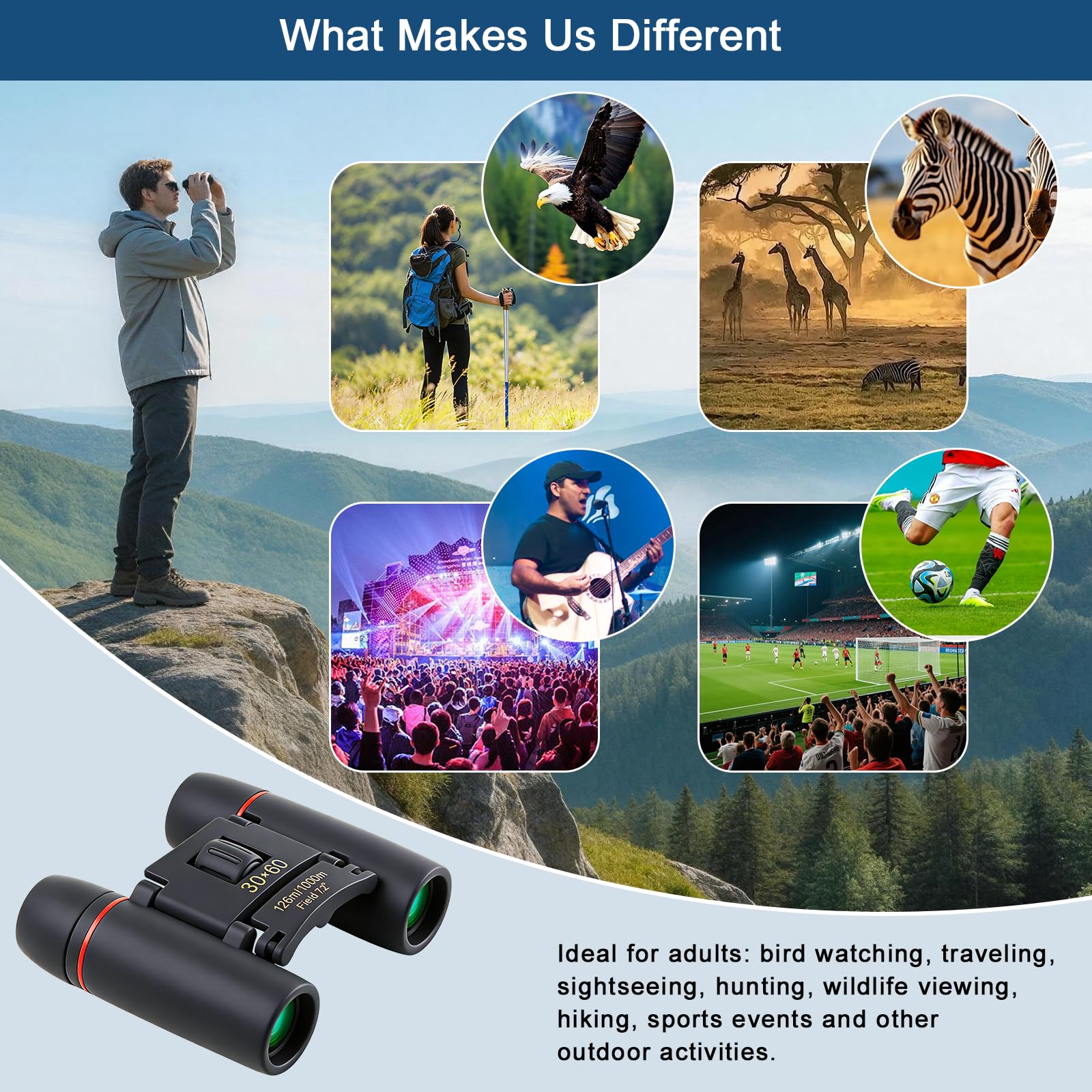 30x60 Mini Compact Binoculars for Adults Kids, HD Portable Waterproof Pocket Binoculars, Lightweight Folding Easy Focus for Bird Watching, Hunting, Concert, Theater, Travel Hiking Outdoor Sports — view 5