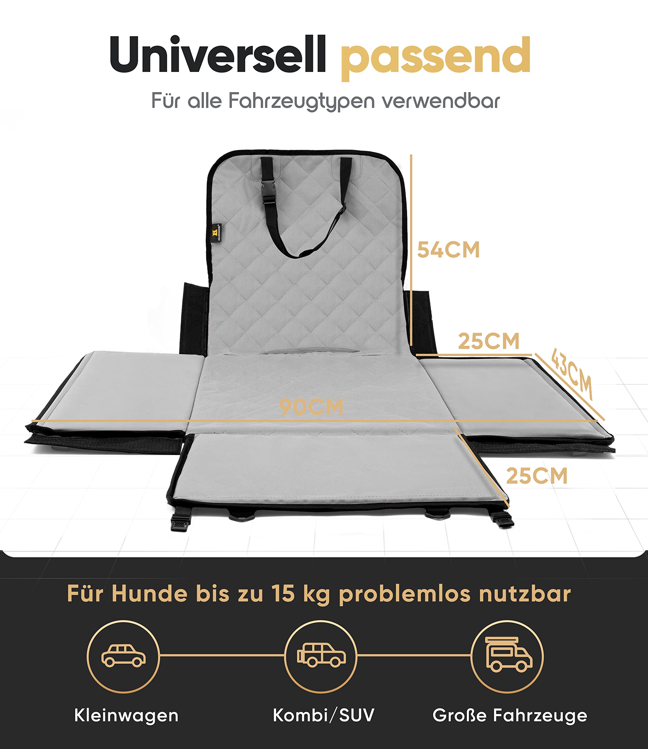 Heldenwerk Seggiolino auto per cani extra robusto Pareti rinforzate e 5 cinghie impermeabile sedile posteriore anteriore grigio misura