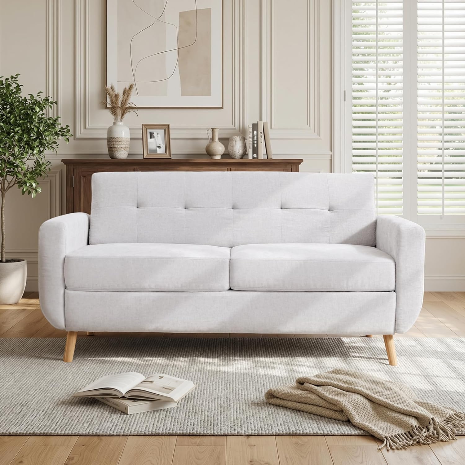 WELAX 65" Loveseat Lounge Sofa, Modern Decor Love Seat Couches for Living Room, Button Tufted Upholstered Small Couch with Solid Wood Legs, Comfy Sofas Furniture for Home, Apartment, Light Grey