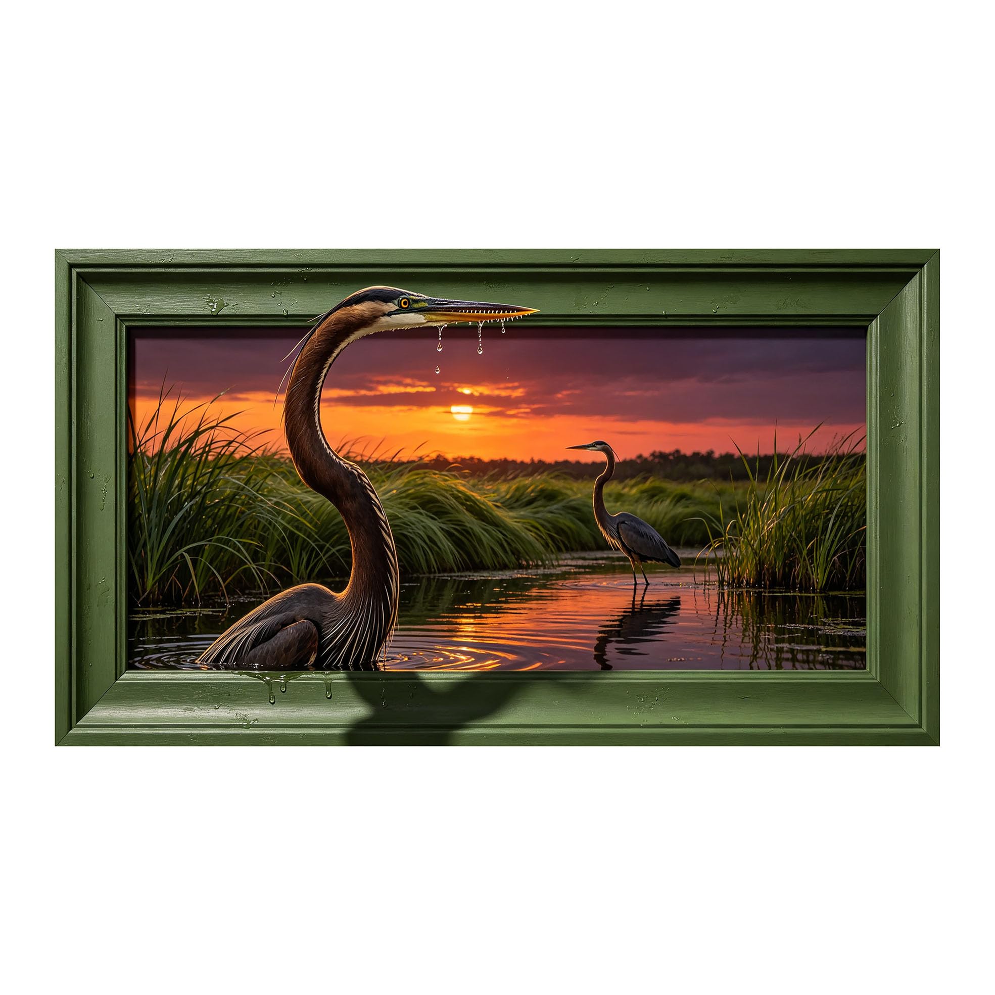 Yzpallescene 3D Framed Wall Art 50cm×100cm Heron Bird Sunset Wetland Lake Panoramic Impressionist Large Size SelfAdhesive Removable Wall Decor Prints Artwork for Living Room Bedroom Office