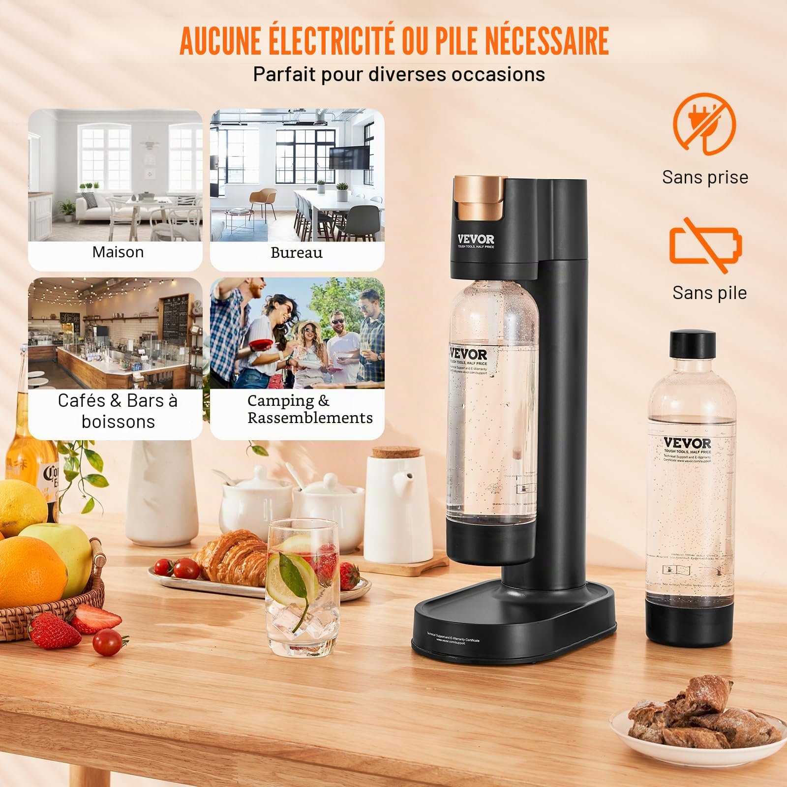 VEVOR Machine à eau gazeuse, machine à eau pétillante et soda pour gazéification domestique avec 2 bouteilles PET de 1 L sans BPA, compatible avec le cylindre de CO2 60 L à visser (non inclus), noir