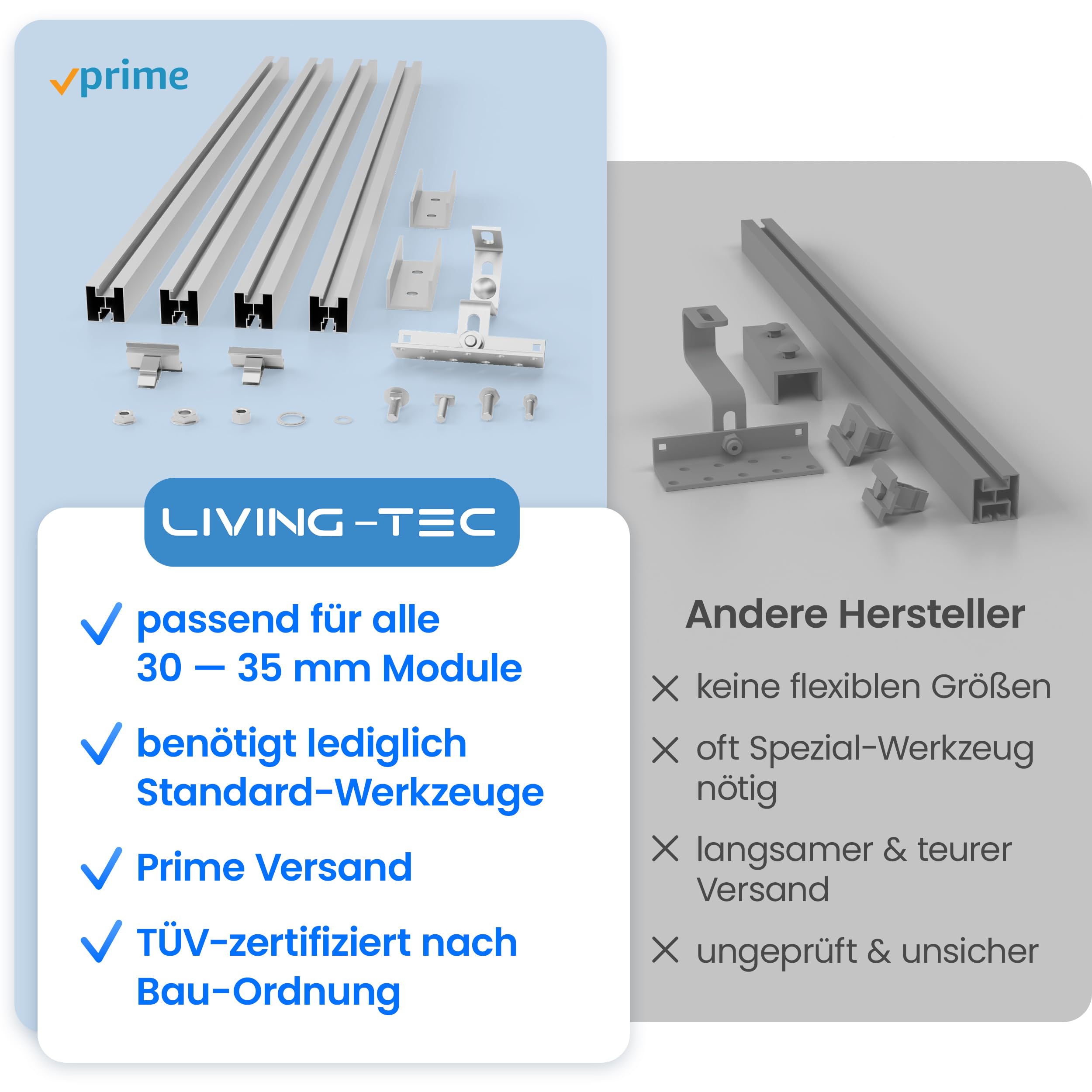 LIVING TEC® Halterung Balkonkraftwerk für Ziegeldach Komplettset - PV Modul Halterung mit Montageanleitung - Befestigung Solarmodul TÜV zertifiziert mit Dachhaken, Montageschiene & Klemme - Solarmodul