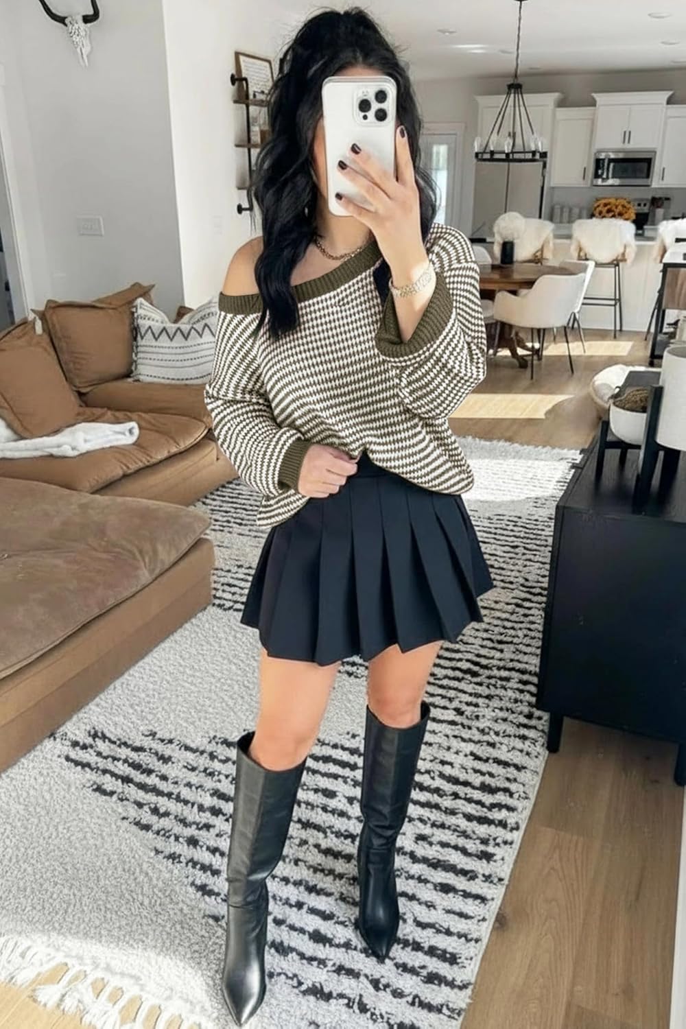 Soesdemo Womens Oversized Sweater Off The Shoulder Crewneck Striped Cute Long Sleeve Knitted Pullover Tunic Sweaters - Image 5