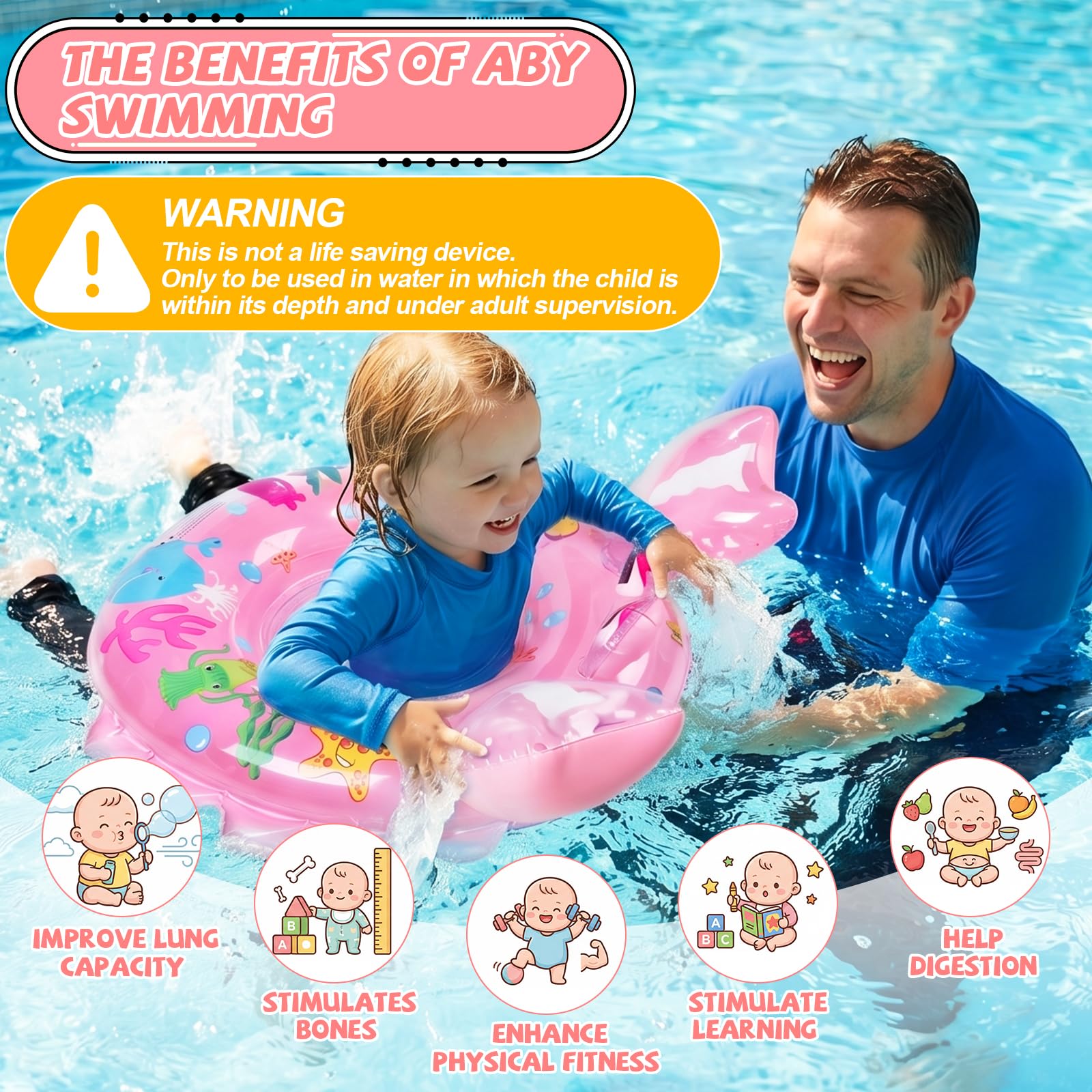 Ninonly Flotador Bebe Anillo de Natación Inflable Asiento con Bomba de Aire,2Parches de Reparación para Niños de 12 a 36 Meses Baño y Entrenamiento de Natación,Piscina,Playa,Bañera (Rosa Cangrejo)