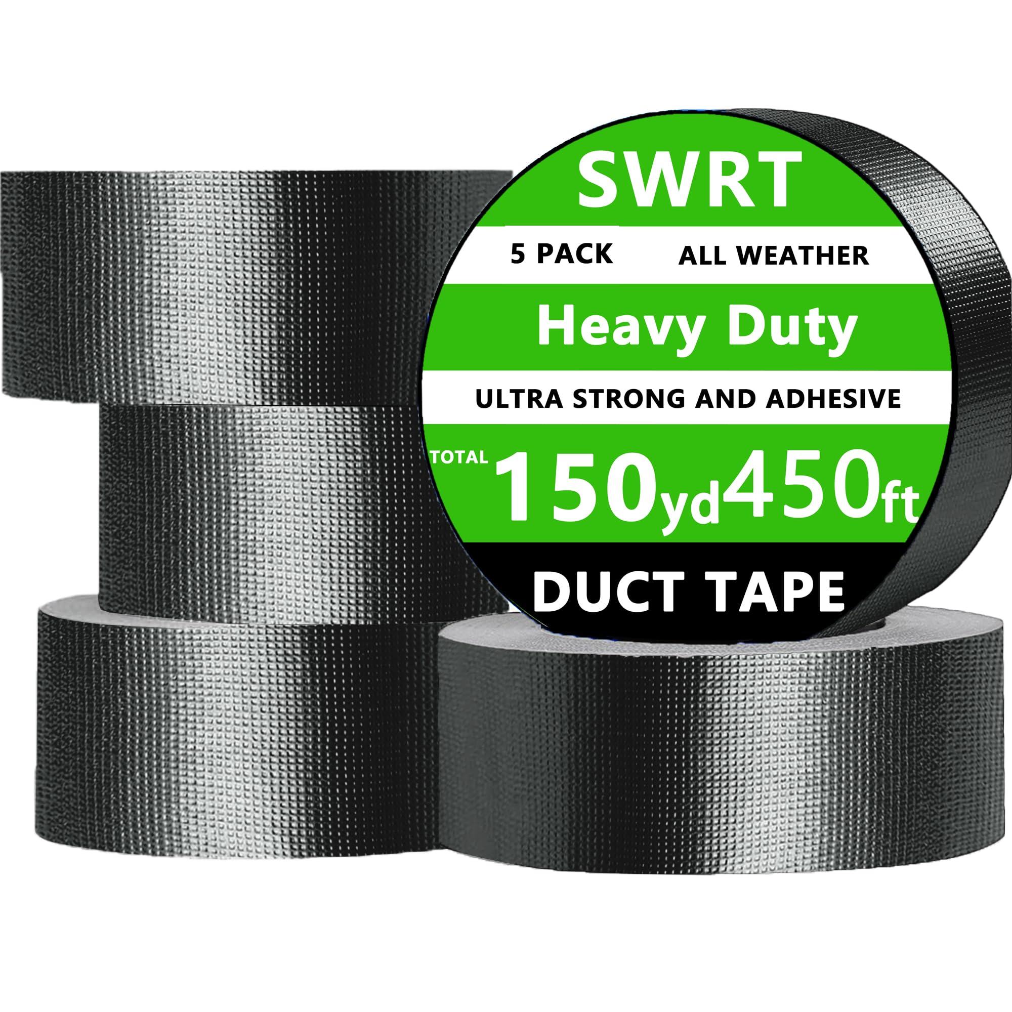 SWRT 5-Pack Black Duct Tape - 2 Inch x 150 Yd Total, Heavy Duty Waterproof All Weather, No Residue Sealing & Patching for Indoor & Outdoor Repair