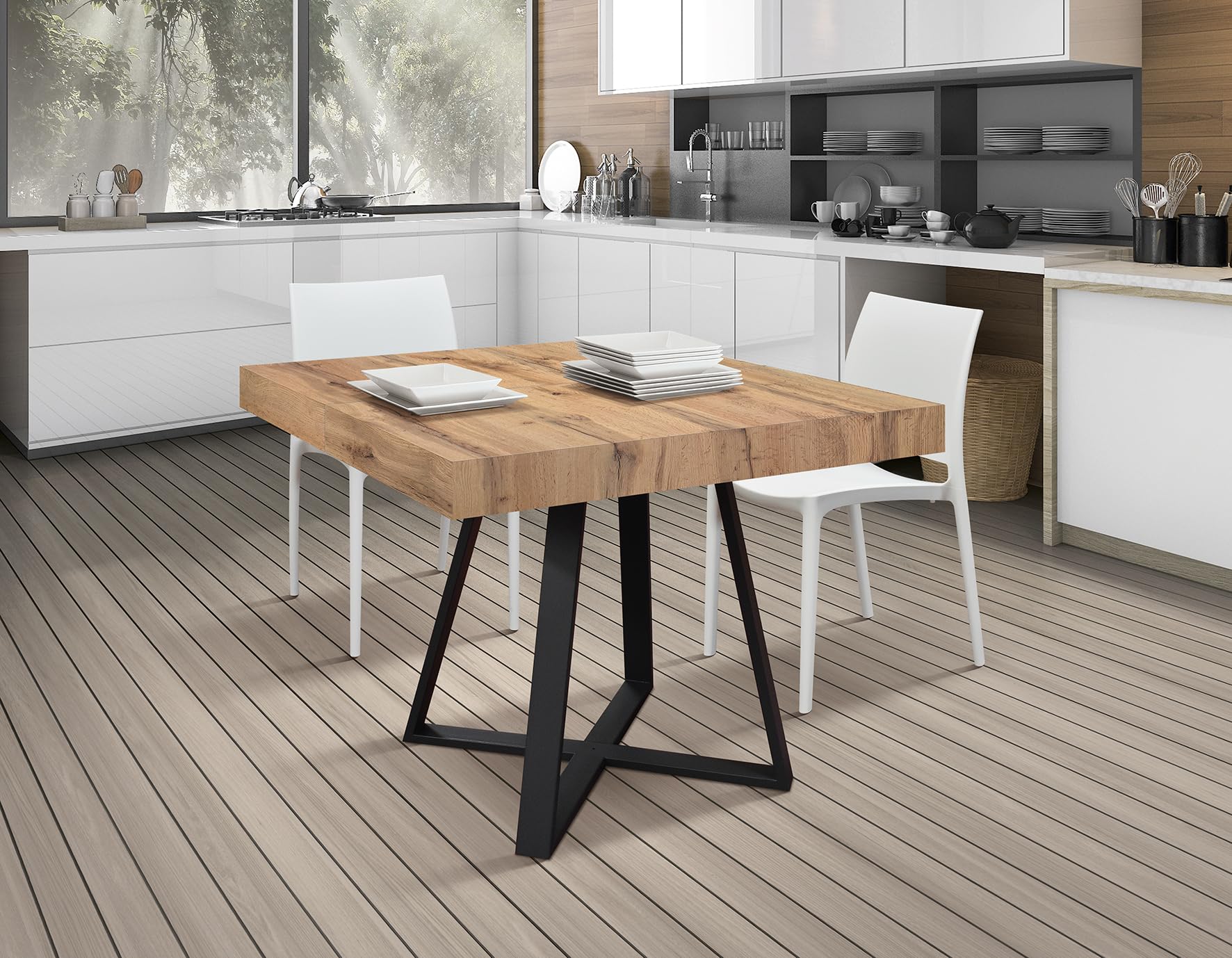 PAZZO DESIGN Table extensible marron, pieds croisés noirs, cuisine, salle à manger, extensible, chêne rustique, 95 x 90 x 75,5 cm - id_2227