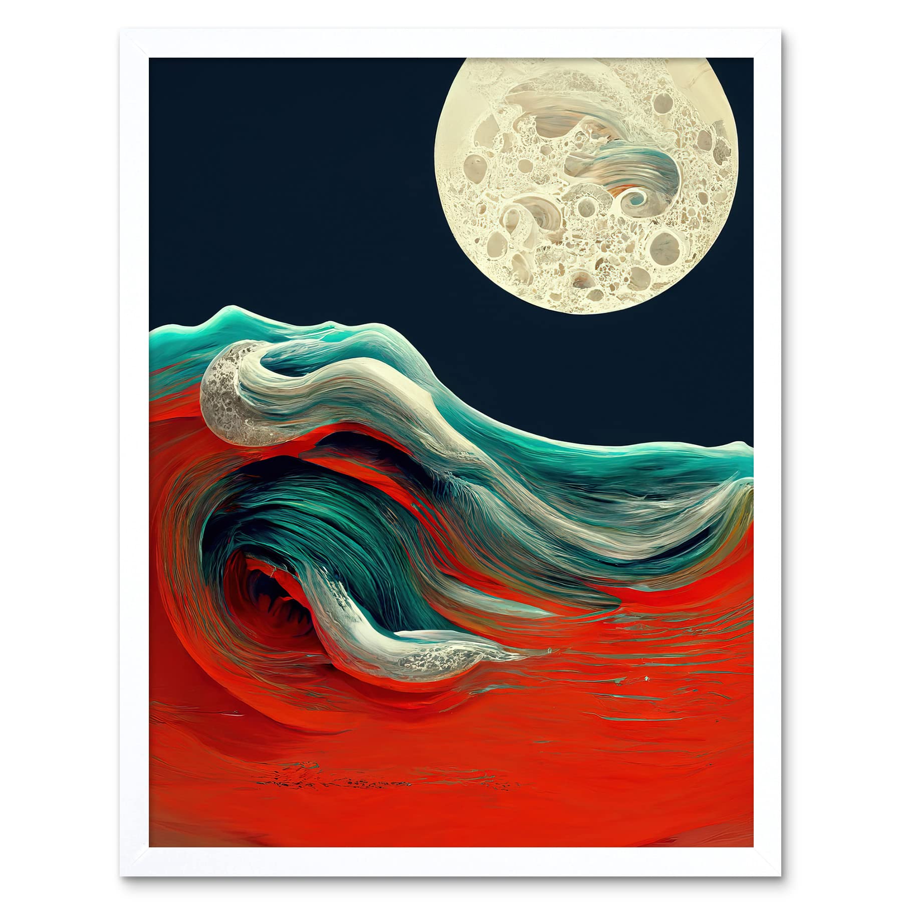 Wee Blue Coo Full Moon on Red Ocean Waves Swirl Abstract Painting Art Print Framed Poster Wall Decor 12x16 inch