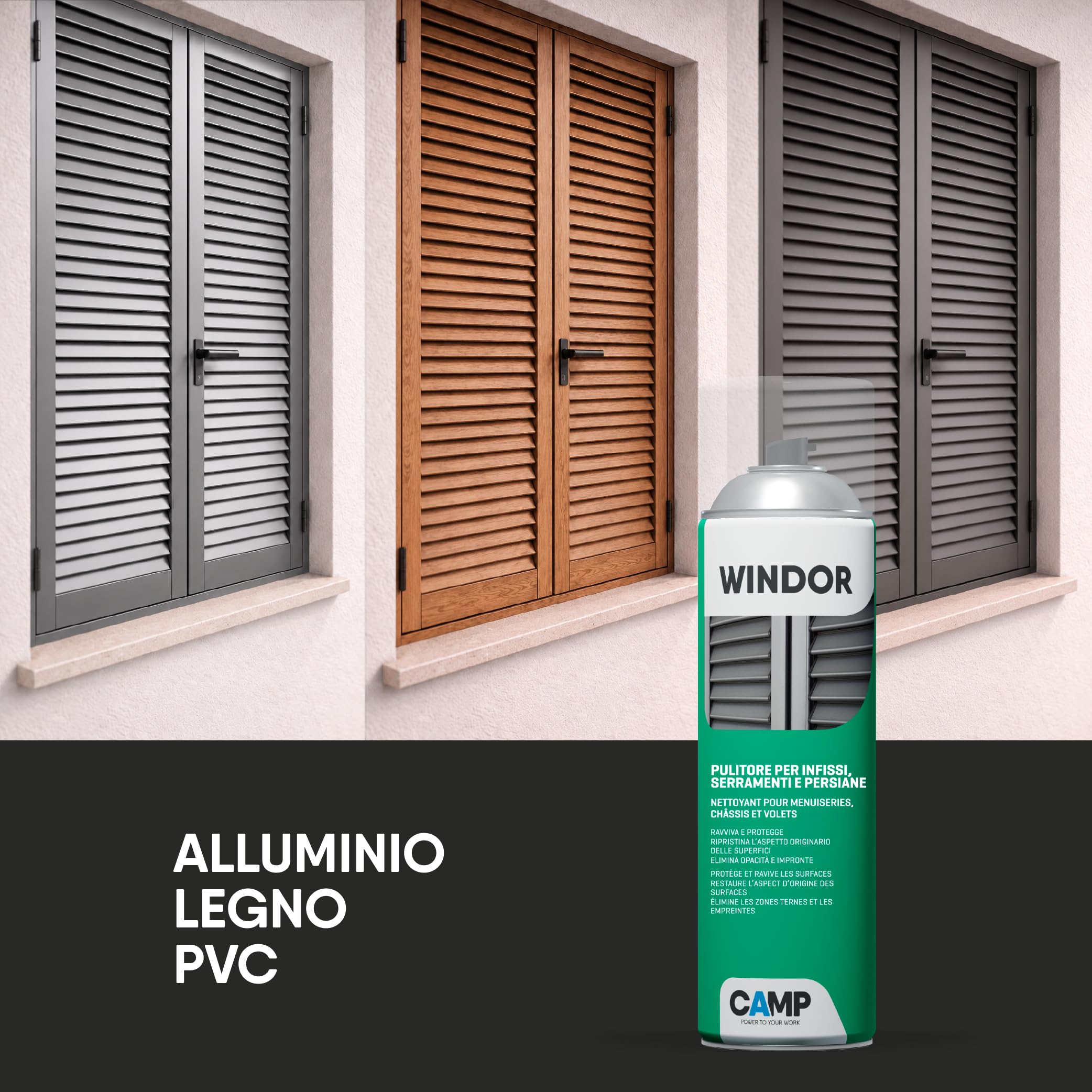 CAMP Windor Spray - Pulitore Ravvivante Protettivo, Pulisci Persiane, Finestre, Infissi e Serramenti in PVC - Ideale per Lucidare e Ravvivare le Superfici - Non Lascia Residui, Made in Italy, 500 ml