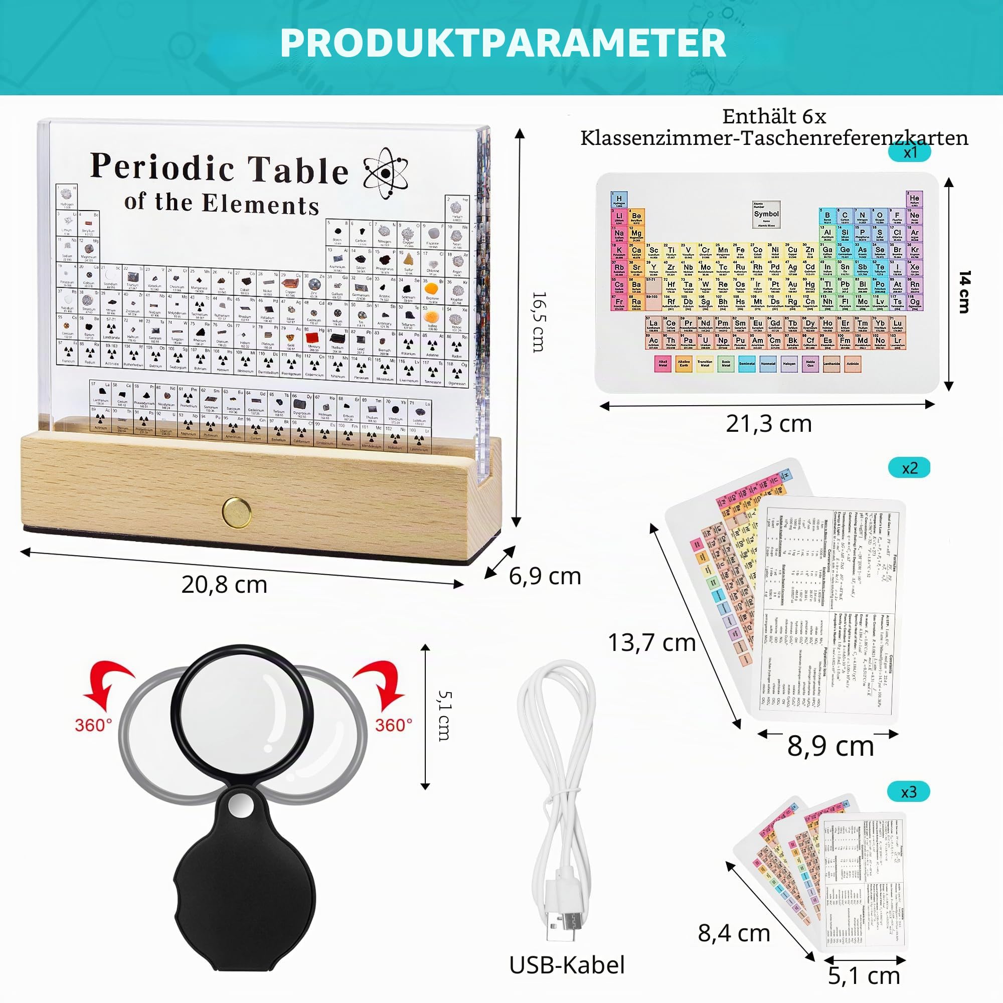 MegaBox Großes Periodensystem mit 83 echten Elementen, Periodensystem-Display aus Acryl mit Holzständer, 6 Chemie-Formel-Referenzkarten, Lehrergeschenk