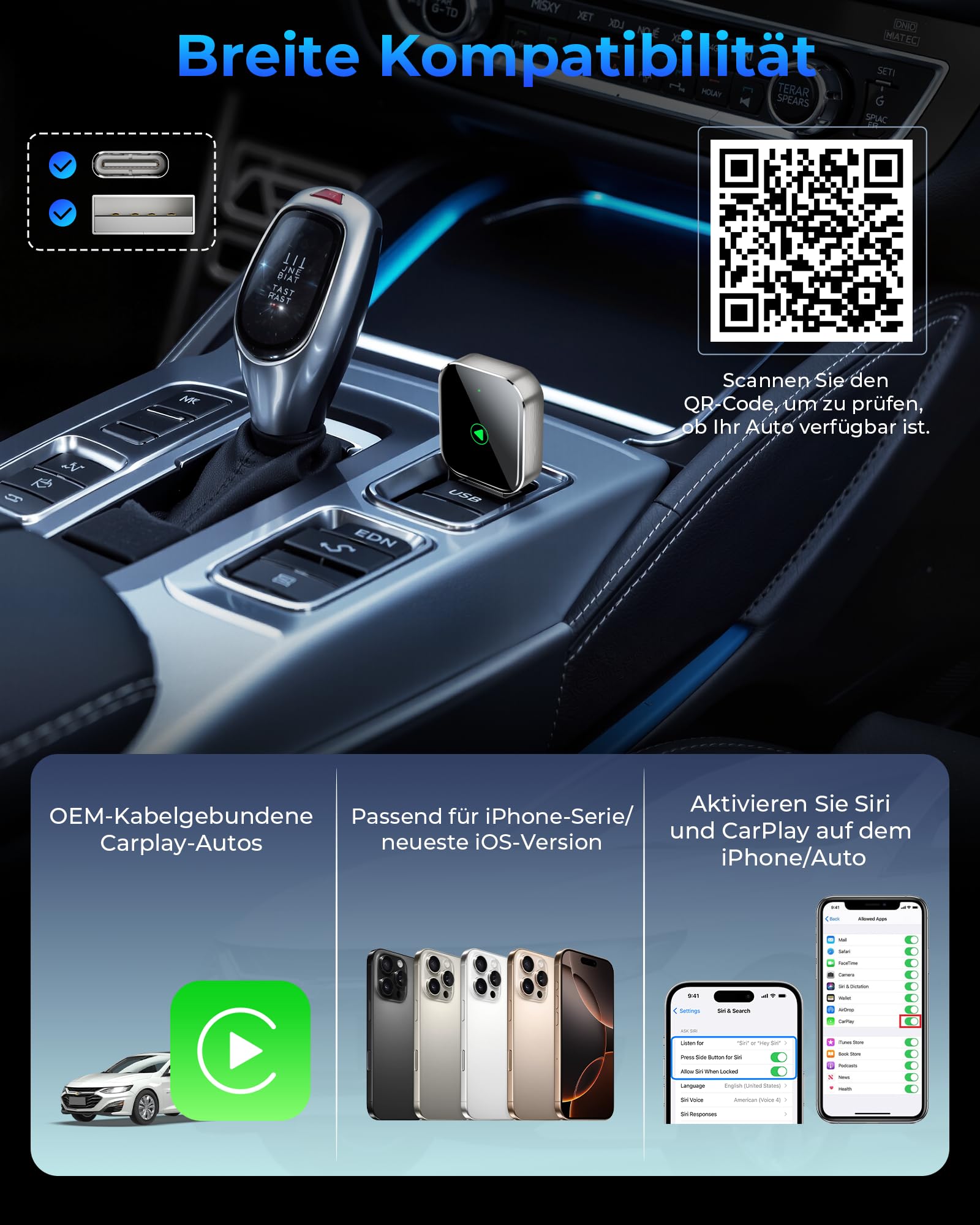 Mini Wireless CarPlay Geräte mit Auto GPS Navigation – Musikwiedergabe und Telefonieren, Umrüstung von kabelgebunden auf kabellos, kompatibel mit Apple iPhone iOS 10+ und kabelgebundenem CarPlay