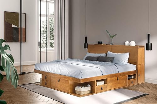 Miniatura 34 de memomad Bali - Cama de plataforma de almacenamiento con cajones (tamaño King, madera marrón caramelo) Caramelo,Roble,Blanco
