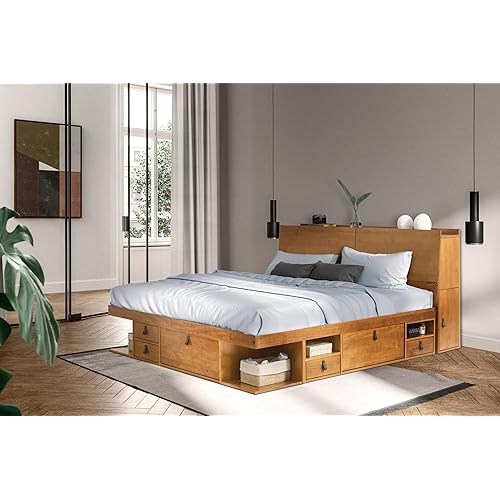 memomad Bali Set: Storage Platform Bed with Drawers + Bookcase Headboard (King Size, Oak Brown Wood)