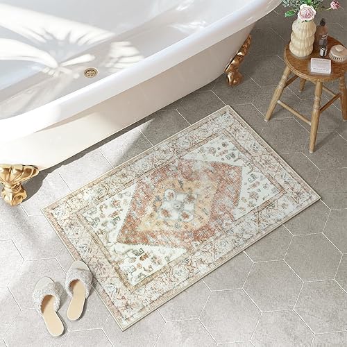Miniatura 15 de Uphome Alfombra de Baño Azul Boho Desgastada Alfombra de Baño Oriental Suave de Pelo Largo Antideslizante Alfombra de Baño Lavable a Máquina Vintage