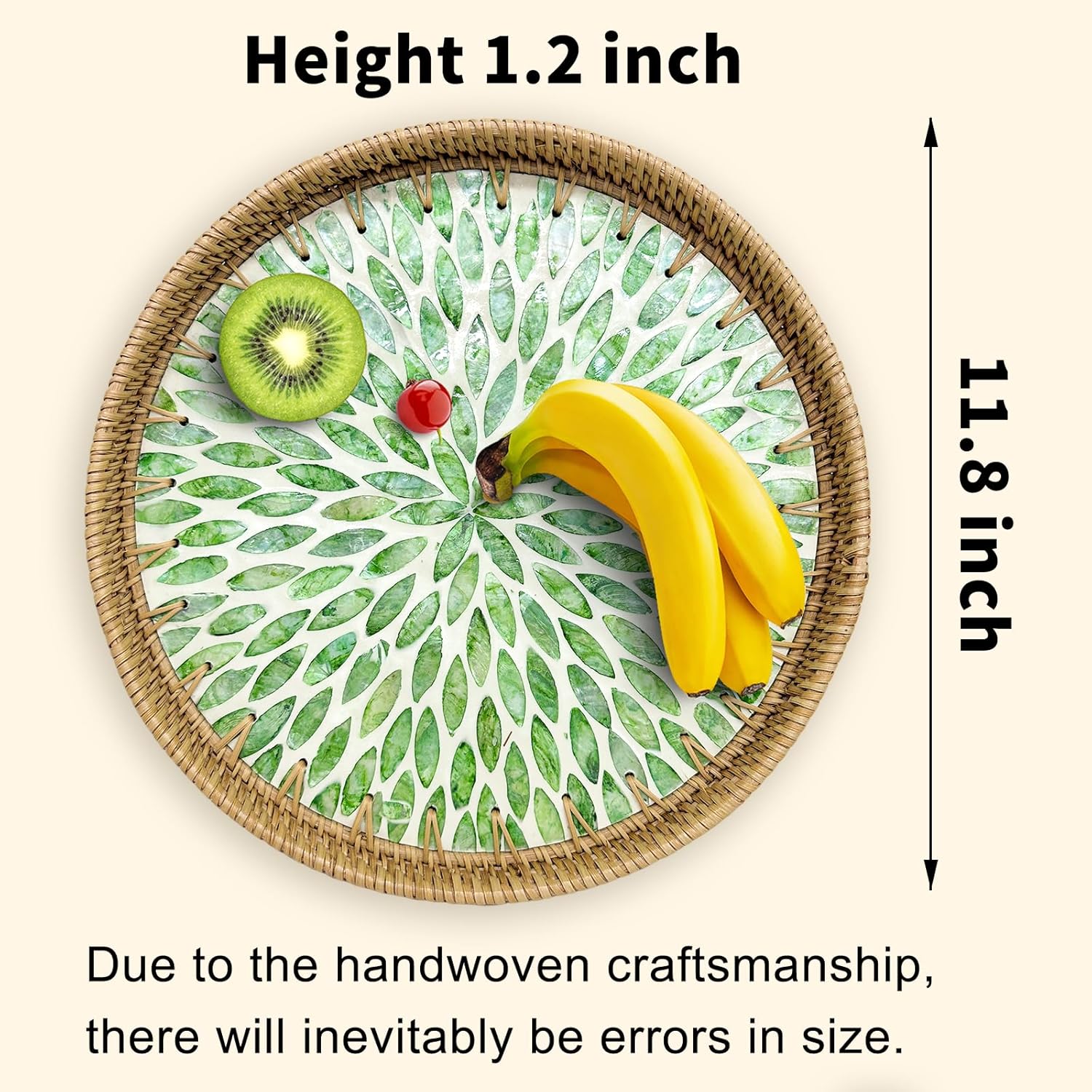 round rattan tray with mother of pearl inlay, decorative basket with wooden base, woven tray for kitchen island decor, table decor, storage and display of food (green leaves, 11.8") 11.8" green leaves
