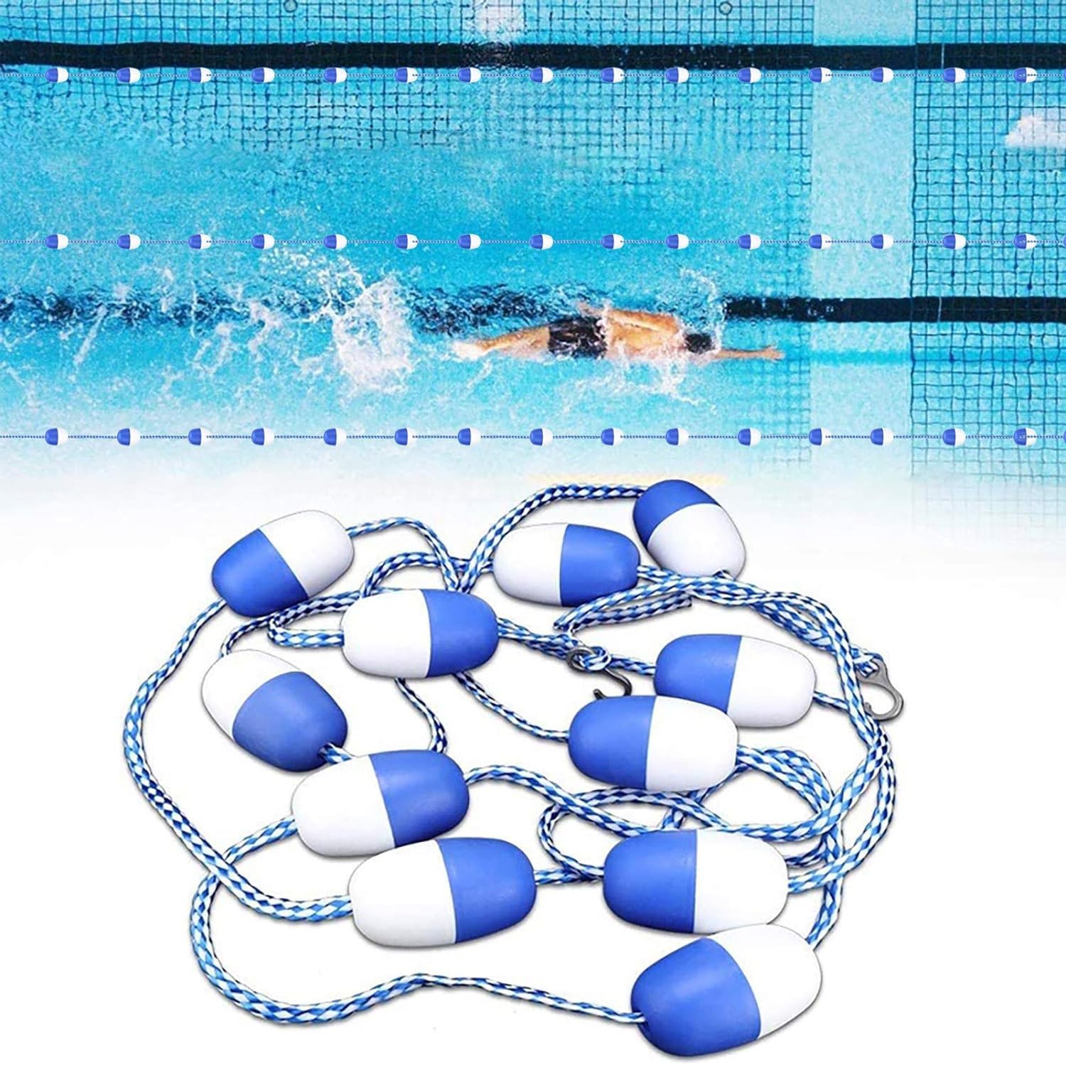 WOTZOV Pool Lane Dividers,Bi Tone Floating Pool Safety Rope, Swimming Pool Safety Divider Rope Line Floating Barrier For Boats Swimming Kayak Crabbing Trail Dock, Fairways Float，11m/36ft