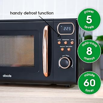 Abode Retro Microwave 20 Litre Black with Rose Gold Accent Digital 800W, Mirror Finish, 8 Auto Cook Settings & Defrost, 5 Power Levels AMD2004BRG