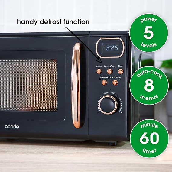 Abode Retro Microwave 20 Litre Black with Rose Gold Accent Digital 800W, Mirror Finish, 8 Auto Cook Settings & Defrost, 5 Power Levels AMD2004BRG