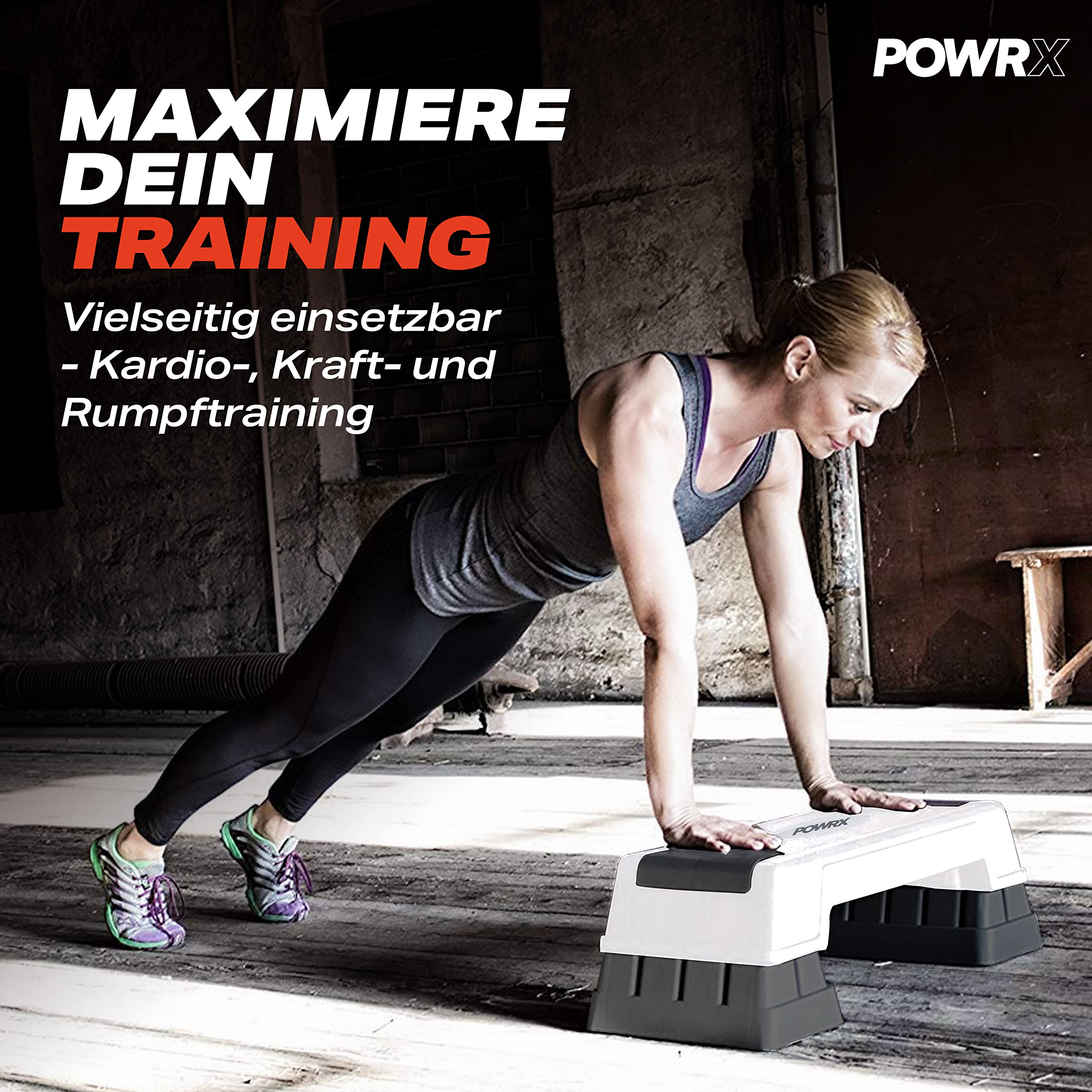 POWRX Aerobic Steppbrett 12/17/24cm (3 Stufen) Weiß I Stepper höhenverstellbar und rutschfest für Aerobic, Gymnastik und Fitness I Home Step Stepbench