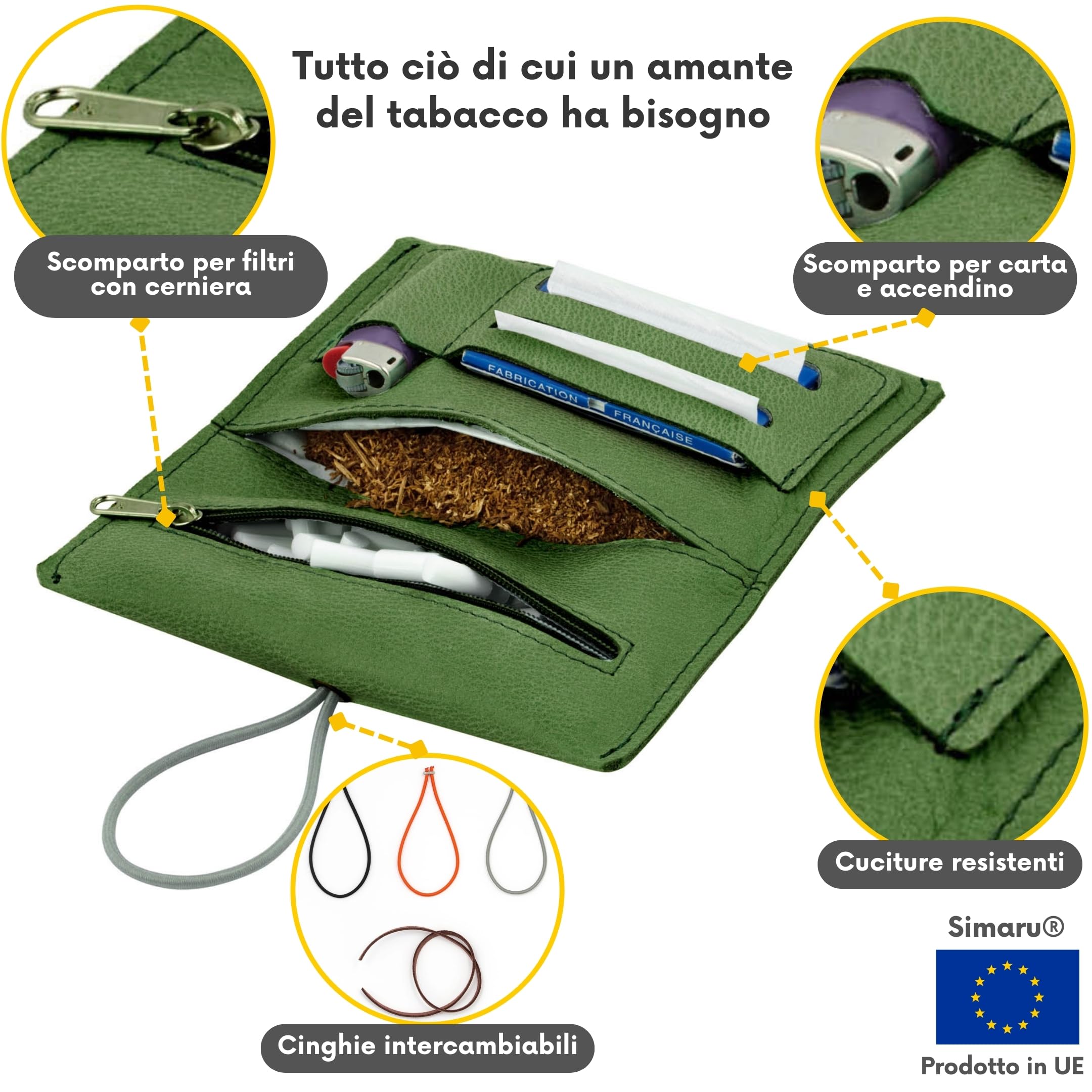SIMARU Porta Tabacco in Vera Pelle e Cuioio | Lavorazione Artigianale | Scomparti per Cartine, Filtri e Accendino | Astuccio Borsello Sacchetto 30g (Geyser)