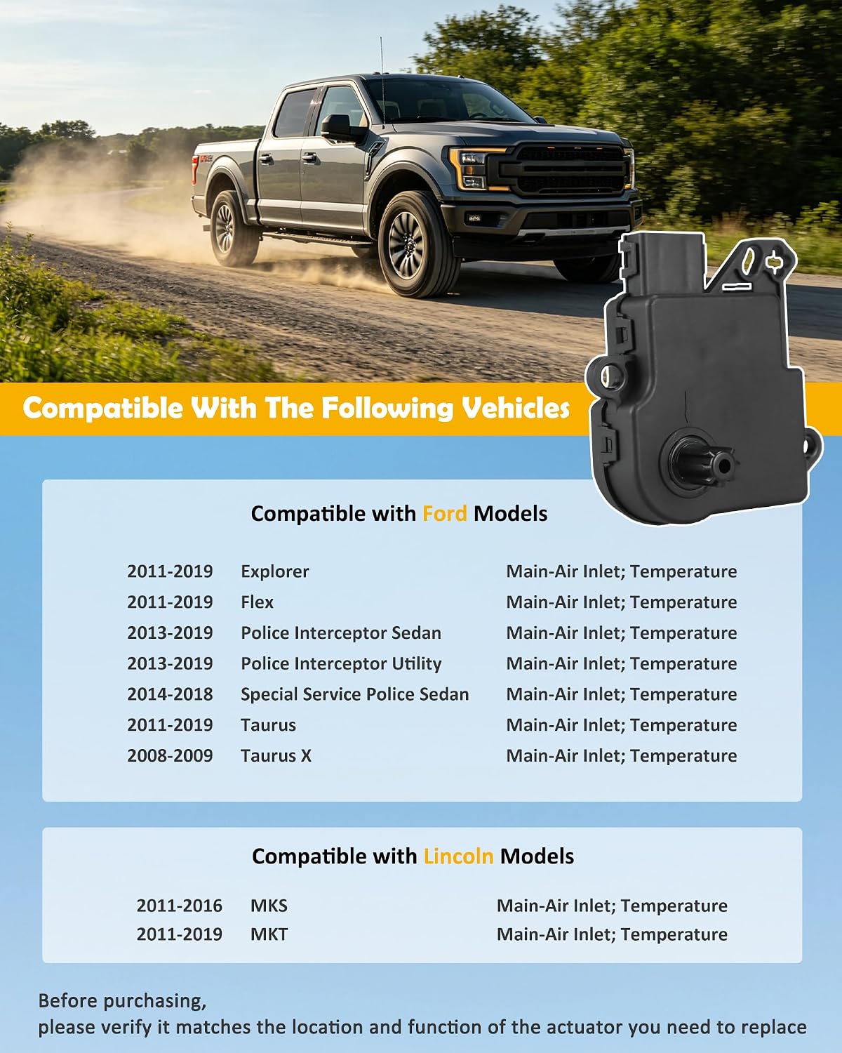 604-234 HVAC Air Blend Door Actuator Ford Explorer Flex Taurus 2011-2019 Police Interceptor Sedan Police Interceptor Utility 2013-2019 Lincoln MKT MKS 2011-2016 Replaces# AA5Z-19E616-C, YH-1779