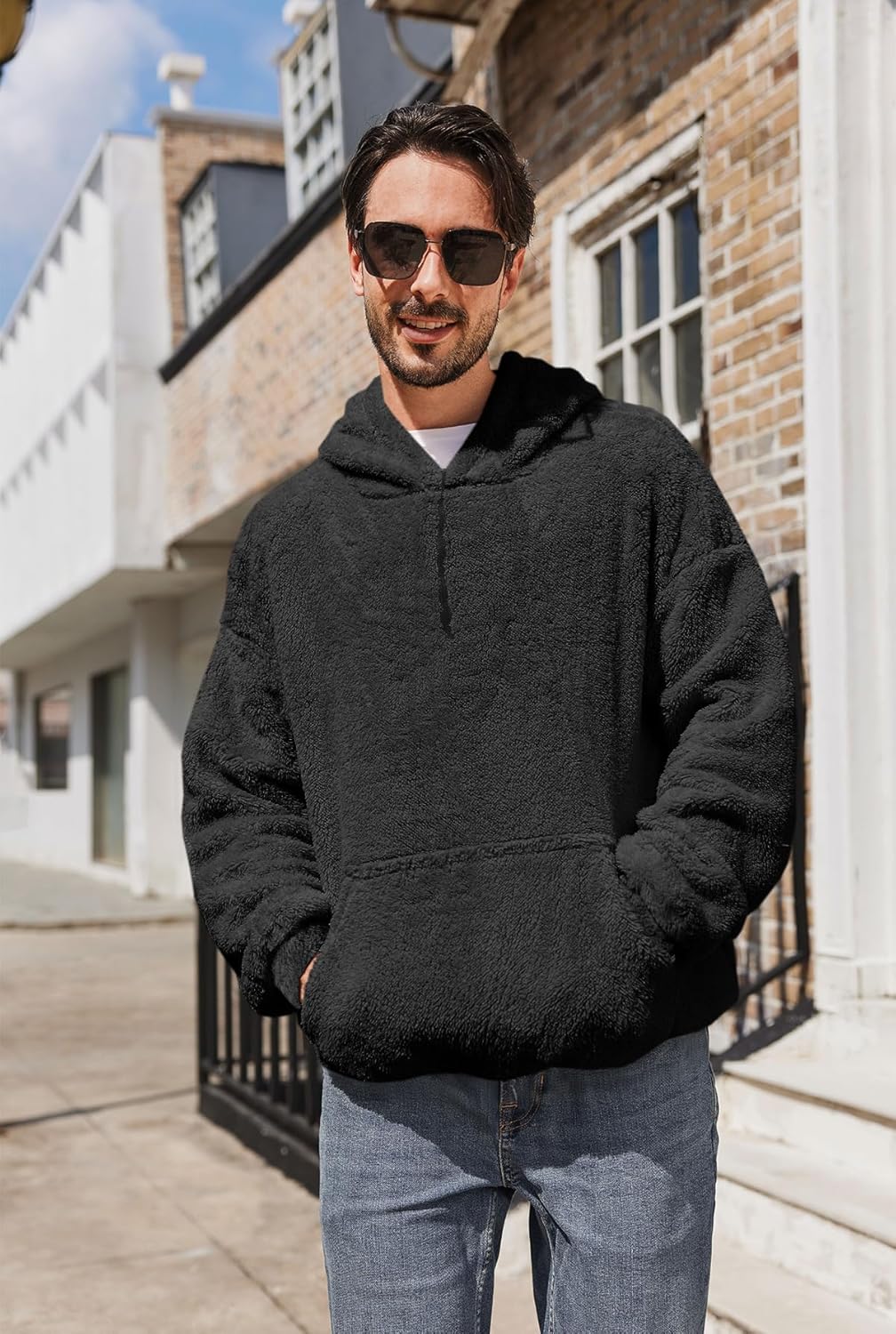 Runcati Mens Fuzzy Sherpa Pullover Hoodie Sweatshirts Long Sleeve Sport Front Pocket Military Fall Outwear Winter Hooded