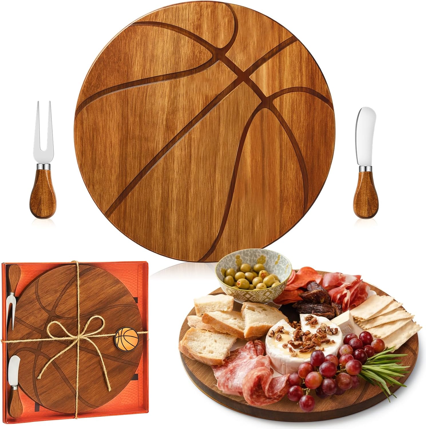 Ziliny Golf Cheese Board Gift Set Party Favor Prizes Charcuterie Wood Board with Knives and Box Father Day Gift for Dad Grandpa Party Tournament Game (9.8" x 7.7", Bamboo Color)