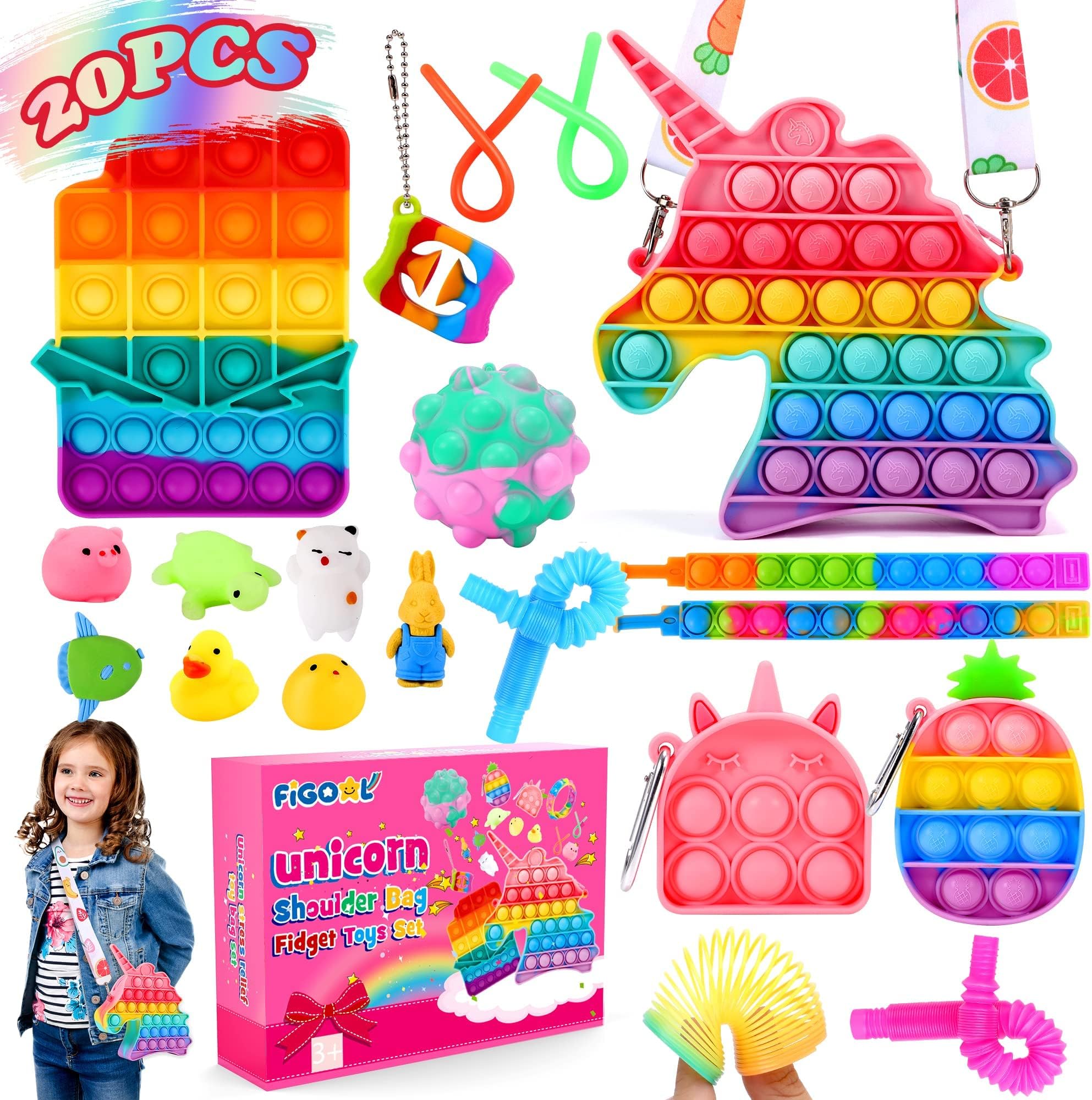 FiGoal 20 Pack Unicorn Shoulder Bag Fidget Toys for Girls, Push Bubble Fidget Sensory Toys Relieves Stress for Kids Christmas Stocking Stuffers
