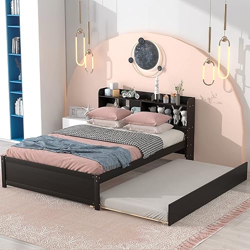 Miniatura 1 de Anwick Cama individual con cama nido base de cama individual con cabecera de estantería cama de plataforma individual de madera con cama nido