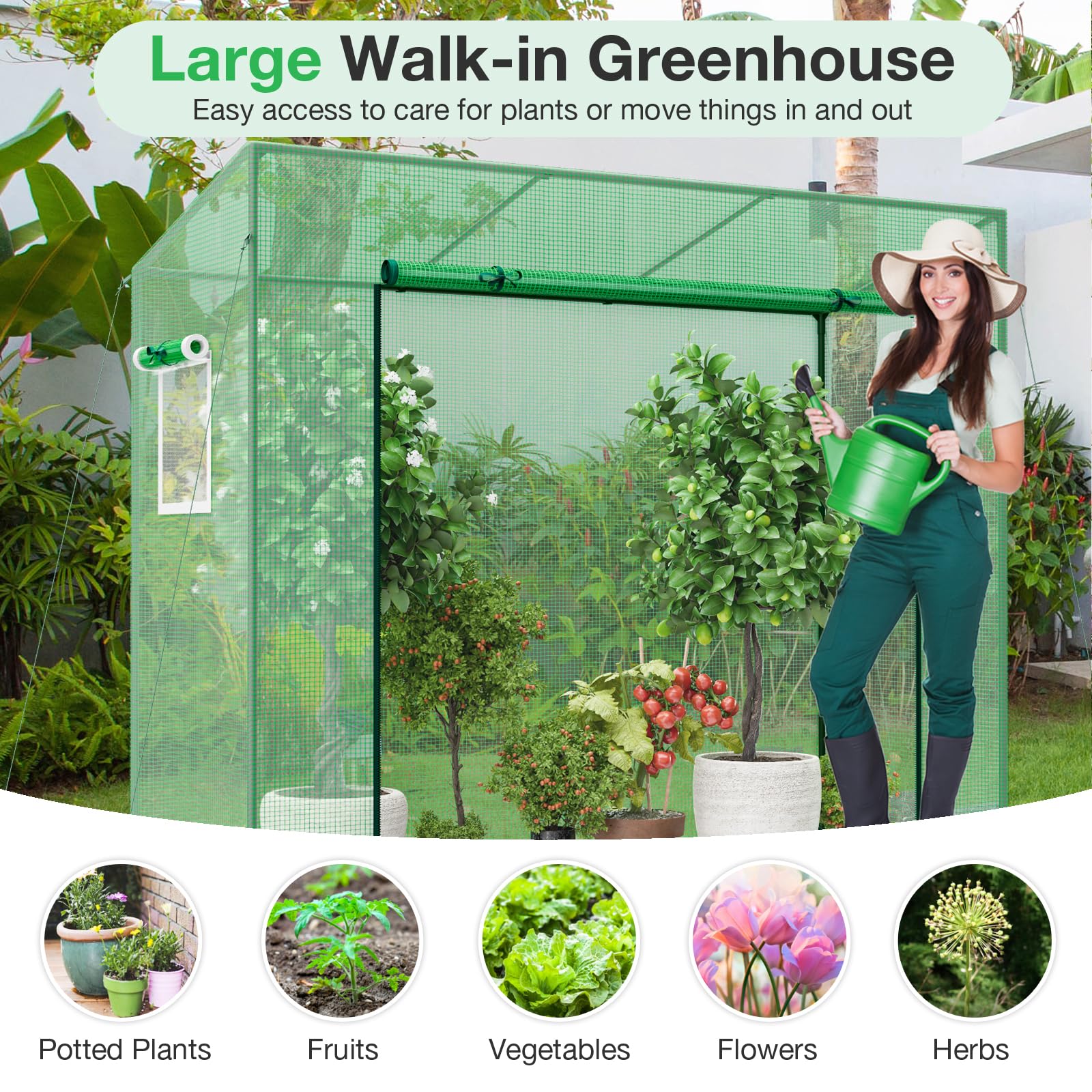 HOMASIS Invernadero Exterior, Invernadero de película con Puerta Enrollable y 2 Ventanas, Invernadero con Cubierta de PE, Invernadero con Estructura metálica para Plantas, 200x77x169cm, Verde