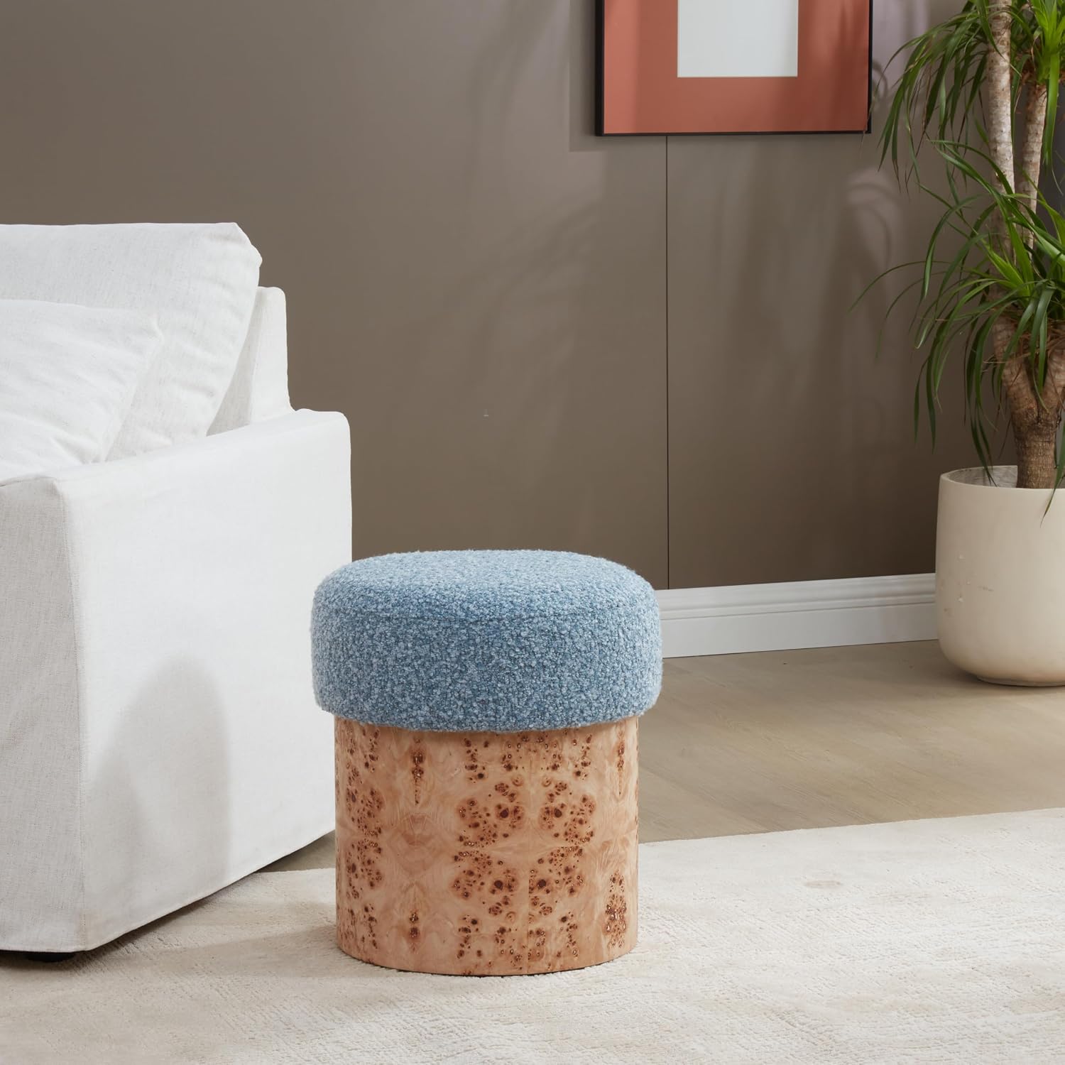 SAFAVIEH Couture Collection - Tobianna Round Blue Boucle & Burl Wood Ottoman, Modern Accent Seat, Fully Assembled (SFV5149C)