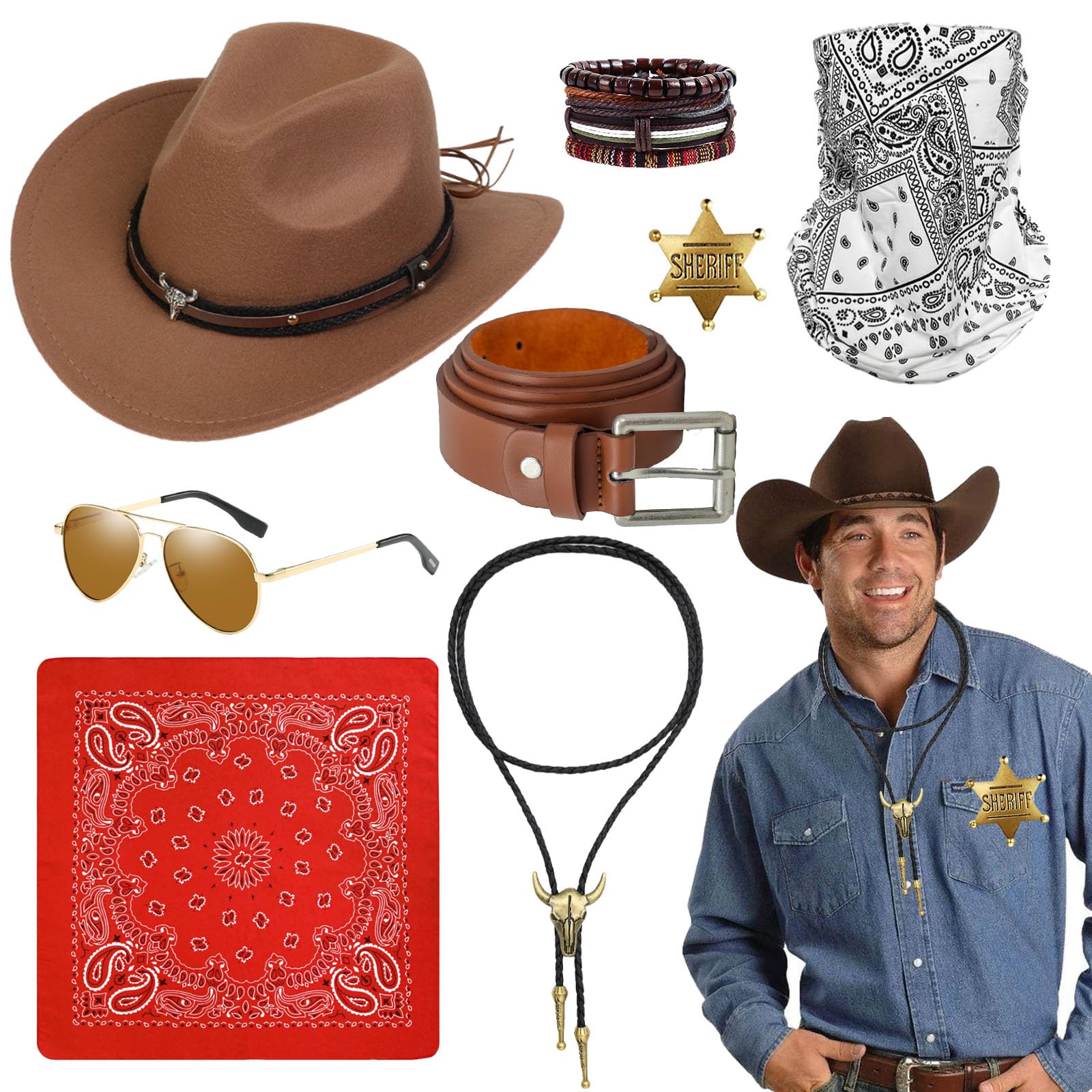8 PCS Western Cowboy Accessories, Wild West Cowboy Fancy Dress for Adults with Hat Glasses Bandana Mask Necklace Bracelet Belt for Men Fancy Dress Hippie Disco Halloween Party