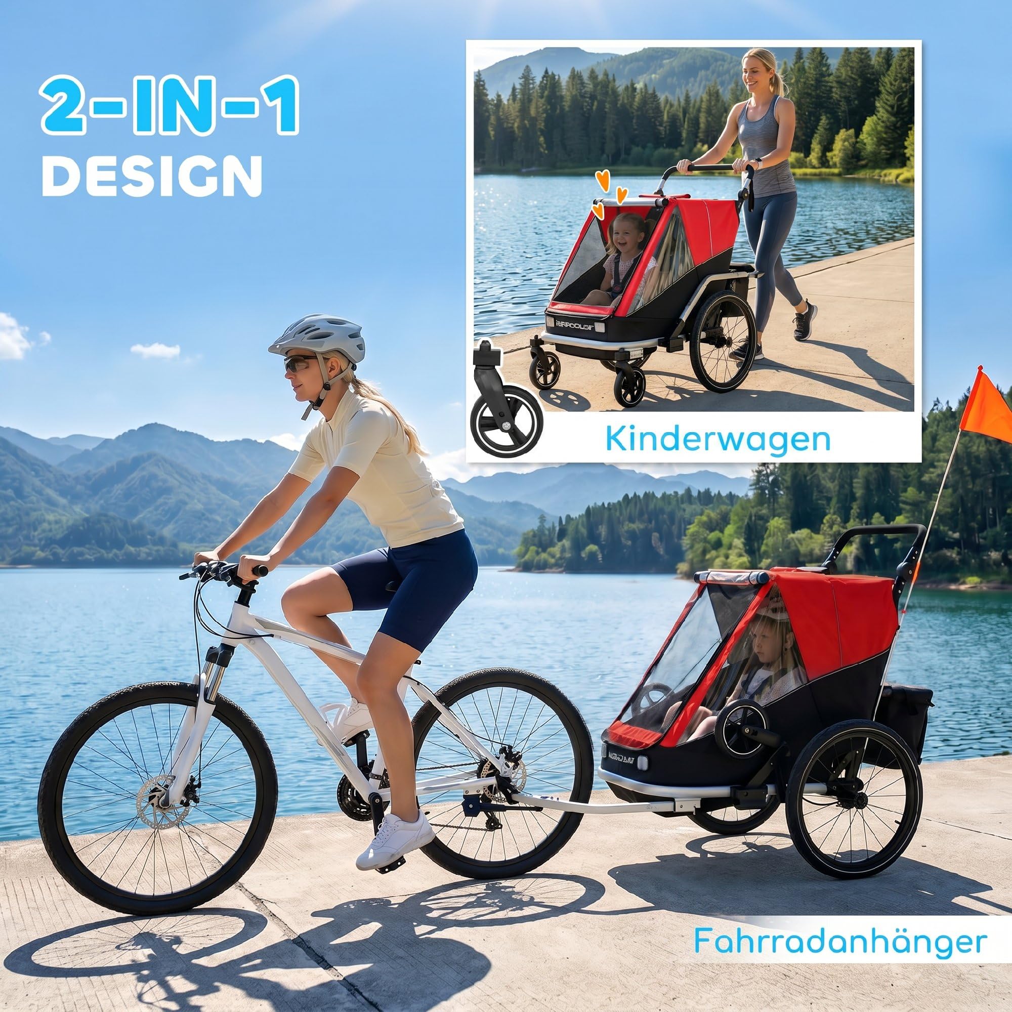 AIYAPLAY Rimorchio per bicicletta e passeggino 2 in 1, 2 posti, pieghevole, con cintura a 5 punti, bandiera di sicurezza, per bambini a partire dai 12 mesi, massimo 18 kg