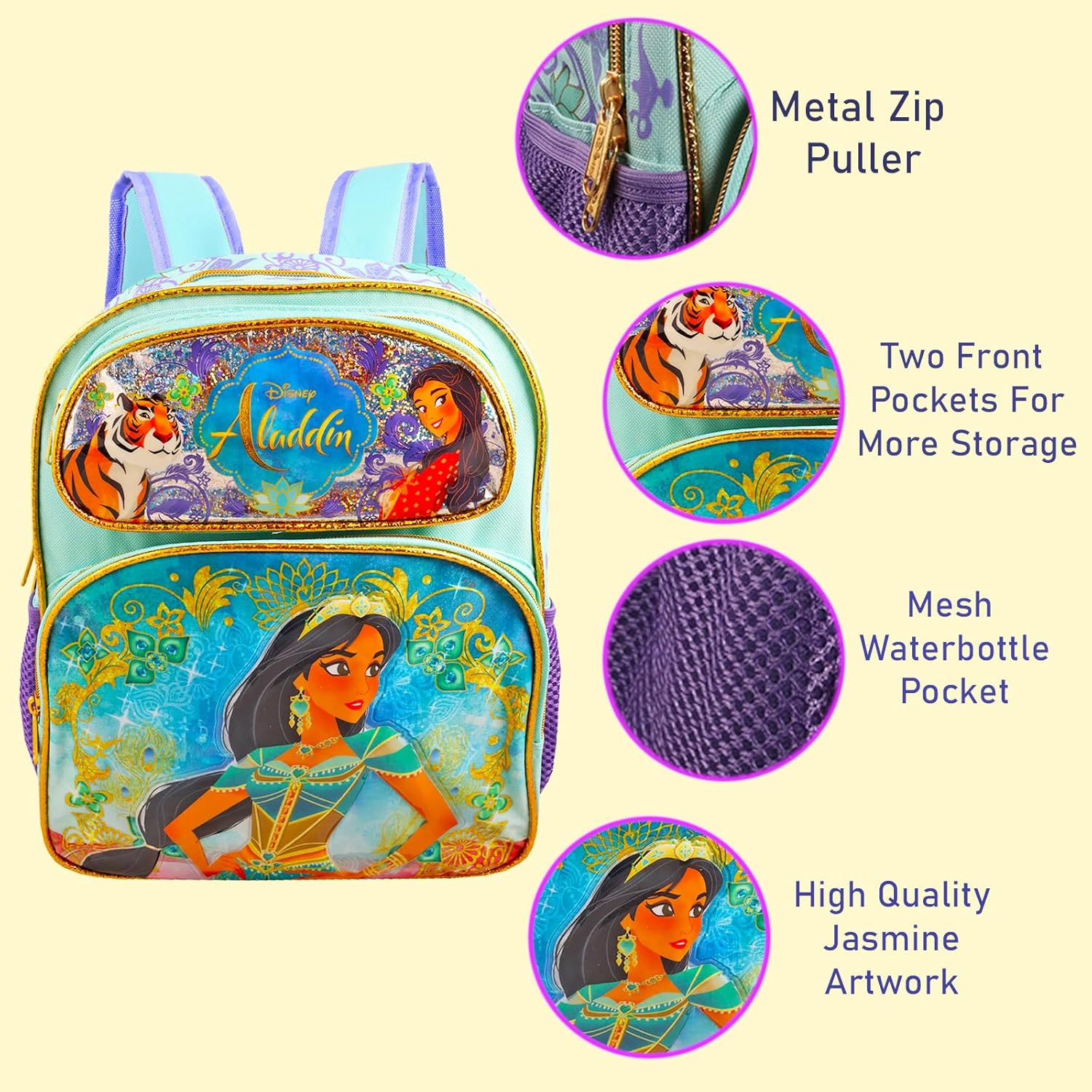 Princess Jasmine Mini Backpack - 12" Jasmine Backpack | Disney's Aladdin School Supplies for Toddler Girls