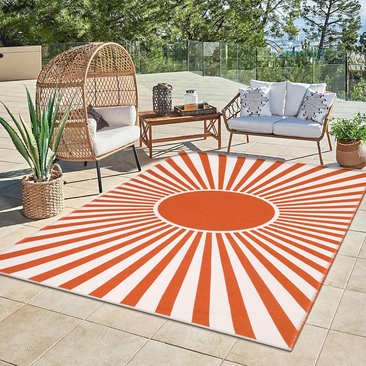 LEEVAN Outdoor Rug 5x7, Machine Washable Patio Rug Woven Reversible Outside Area Rug