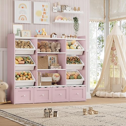 Miniatura 11 de HITHOS Organizador de almacenamiento de juguetes para niños de 55 pulgadas de ancho, caja de juguetes grande con estantería, baúl de juguetes con