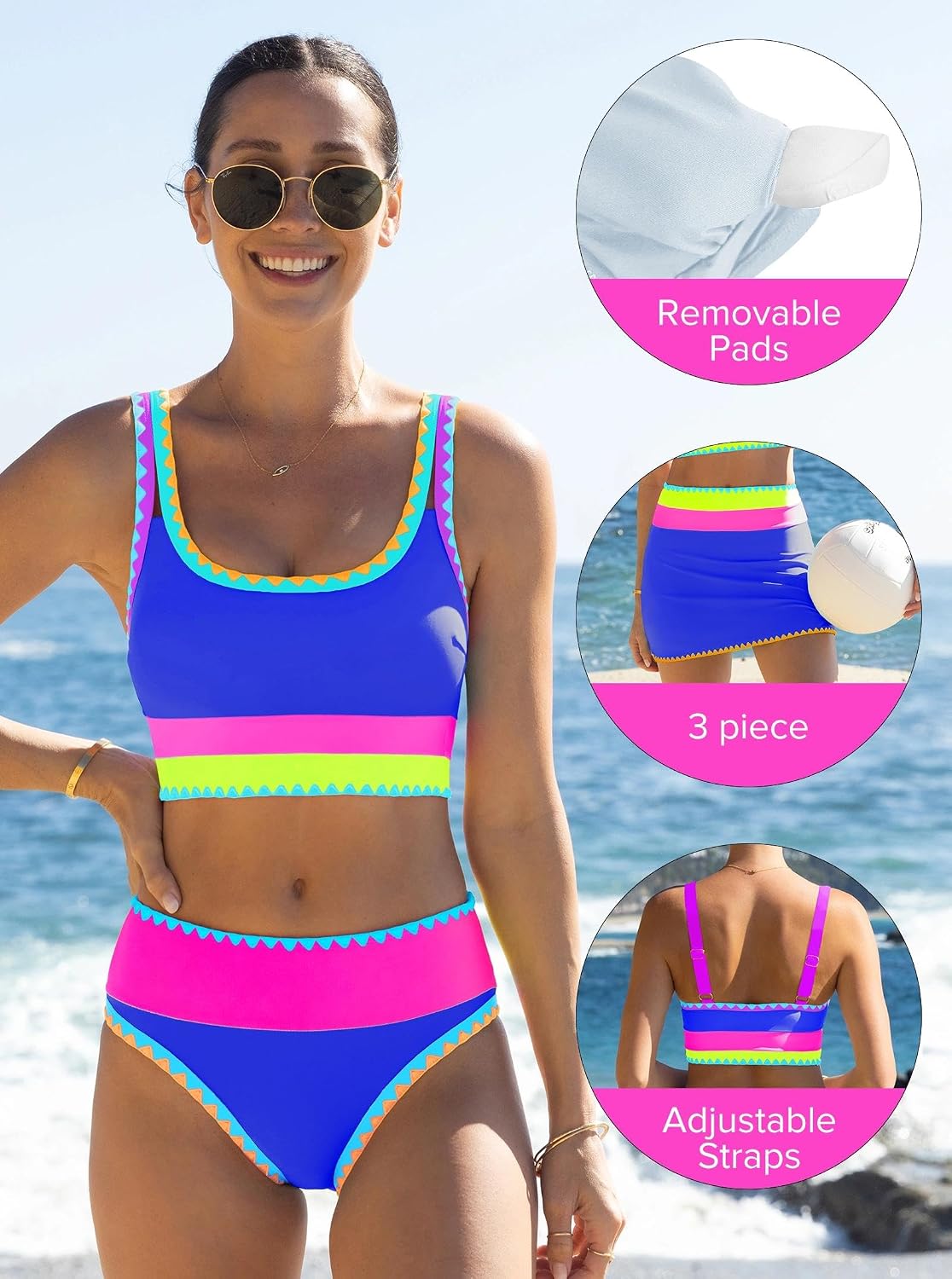popvil High Waisted Bikini Sets for Women Tummy Control Swimsuits 3 Piece Bathing Suits Neon Swimwear with Skirt 2026 thumbnail