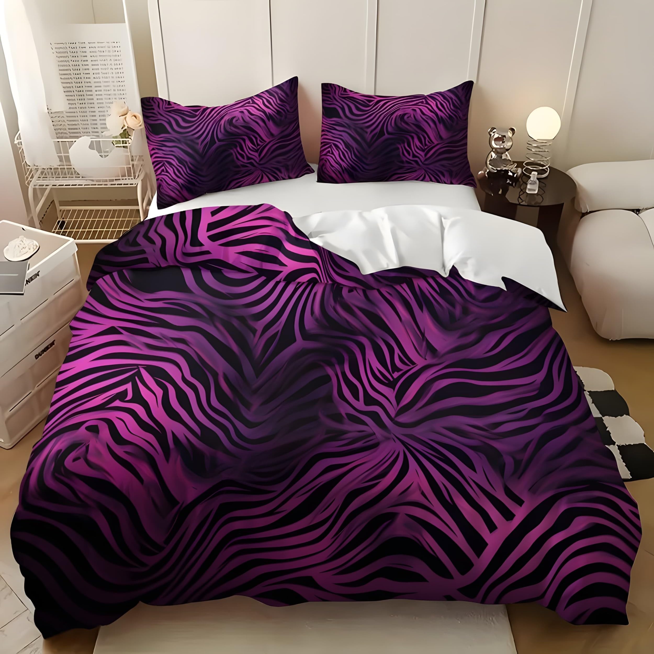 YZQGLHP Abstract Zebra Print Small Double Duvet Cover Set 135x220cm – 3D Print Purple-Black Lightweight Microfiber Bedding, Soft Quilt Cover with Zipper & 2 Pillowcases 50x75cm