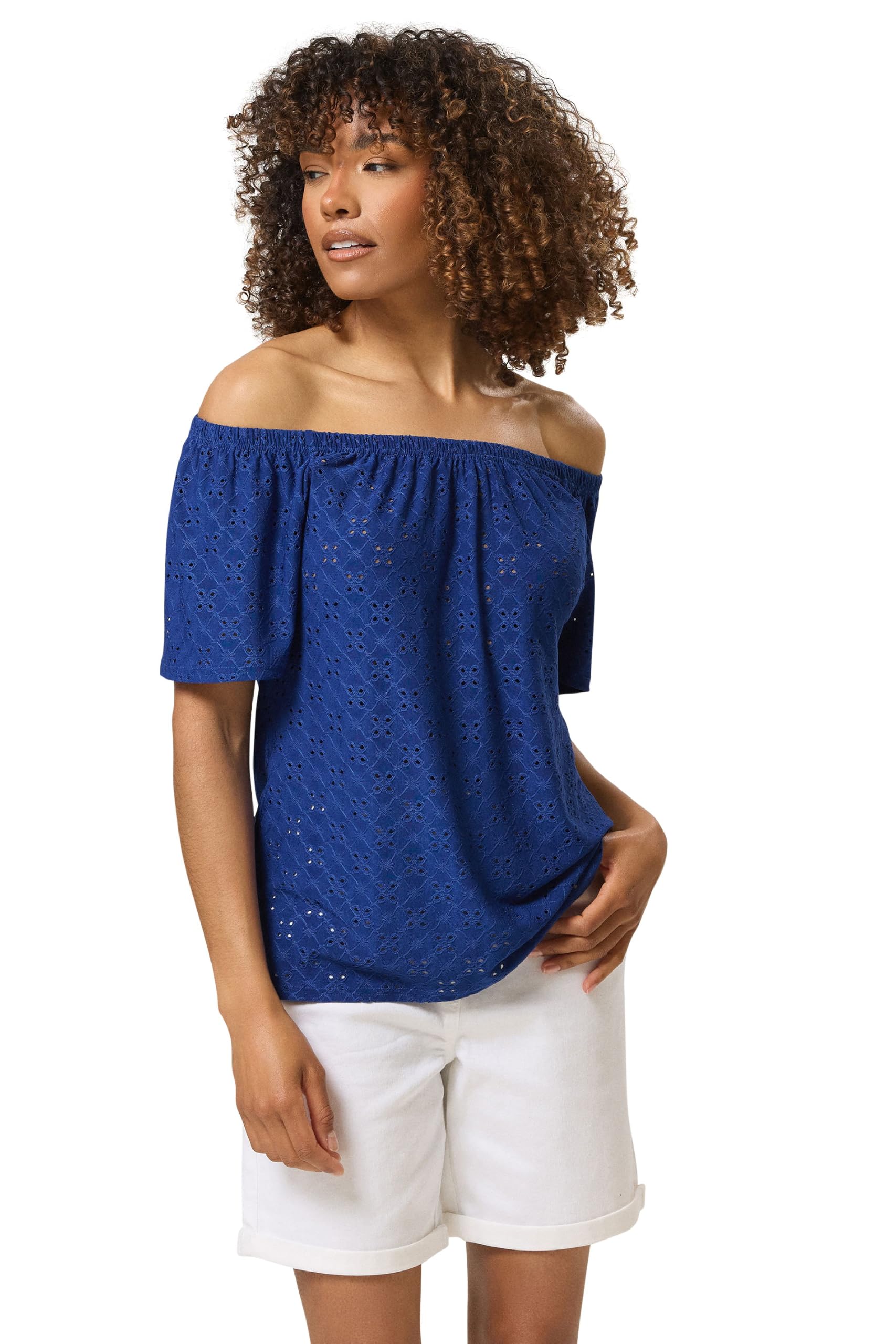 M&Co Women's Blue Broderie Bardot Top In | : Size 14