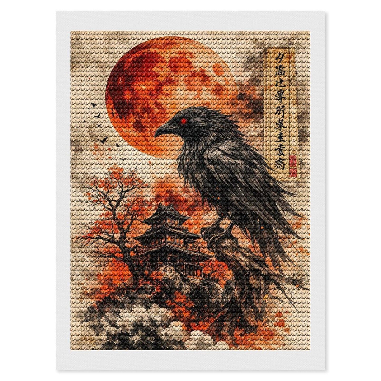 Junmoney Dark Raven Over Japanese Castle Diamond Painting Kit 12"x16", Easy Handmade Project, Cosy Home Accent, for Craft Lovers, Holiday Gift Idea